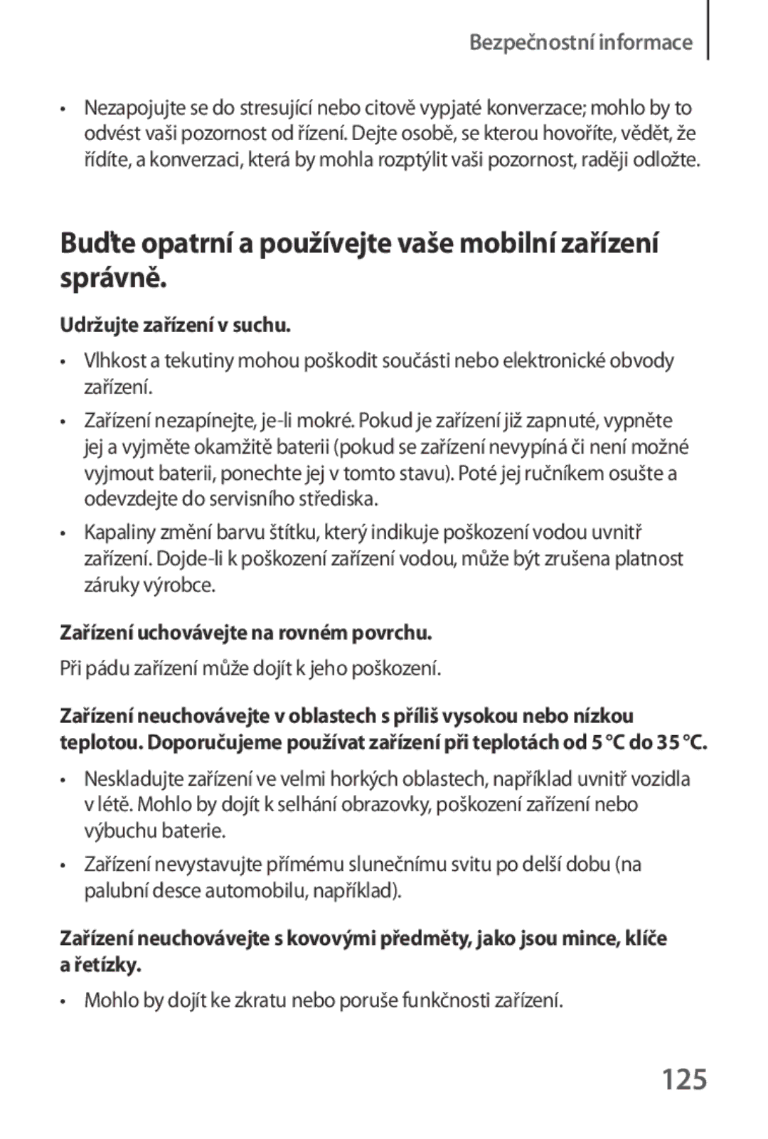 Samsung SM-R3800MOAXSK manual Buďte opatrní a používejte vaše mobilní zařízení správně, 125, Udržujte zařízení v suchu 