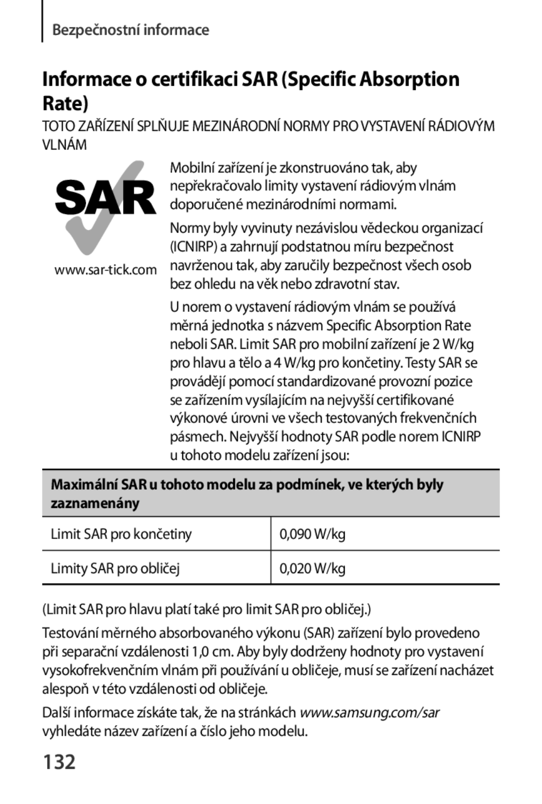 Samsung SM-R3800GNAEUR, SM-R3800VSAXEO, SM-R3800MOAATO manual Informace o certifikaci SAR Specific Absorption Rate, 132 