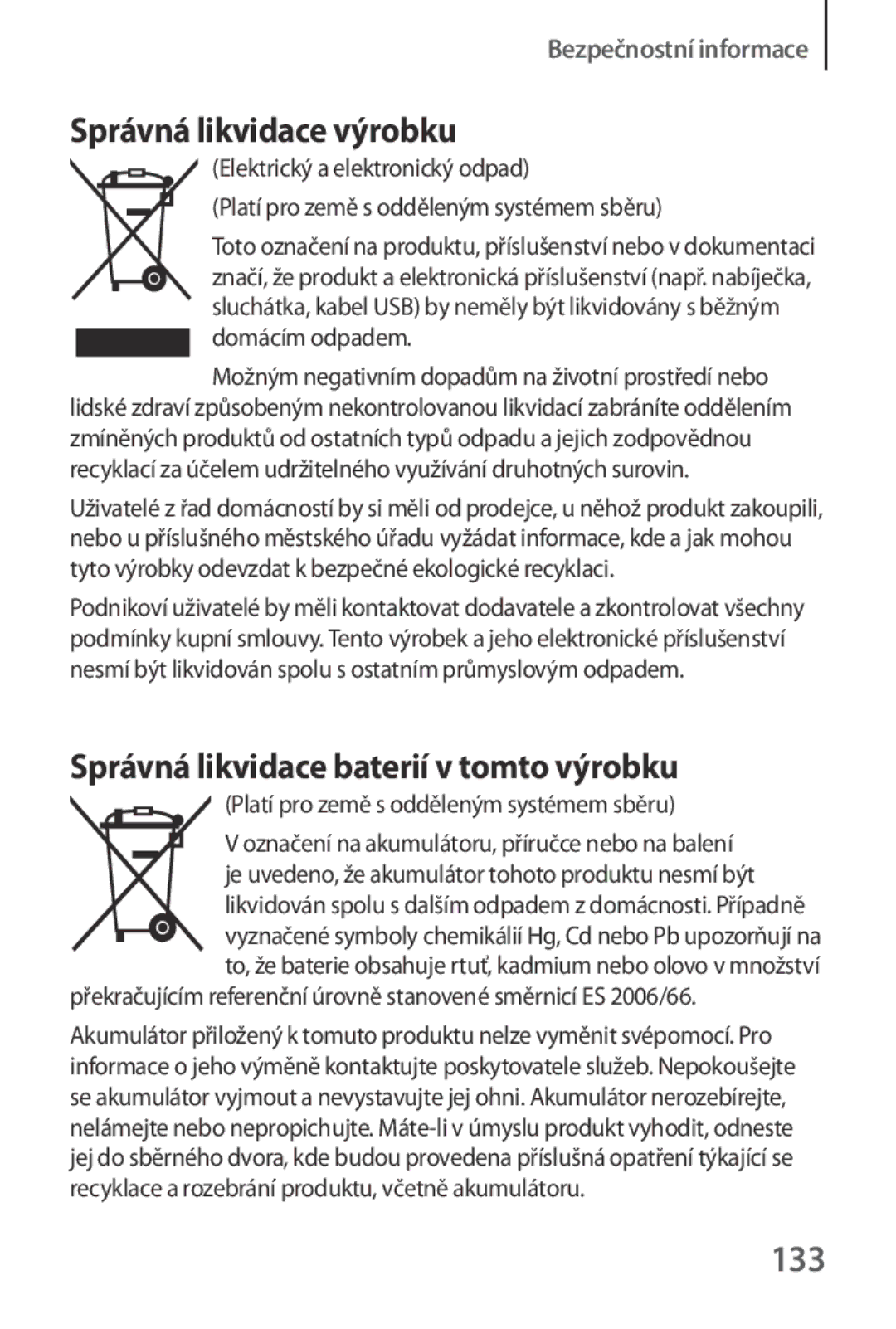 Samsung SM-R3800VSAATO, SM-R3800VSAXEO manual Správná likvidace výrobku, Správná likvidace baterií v tomto výrobku, 133 