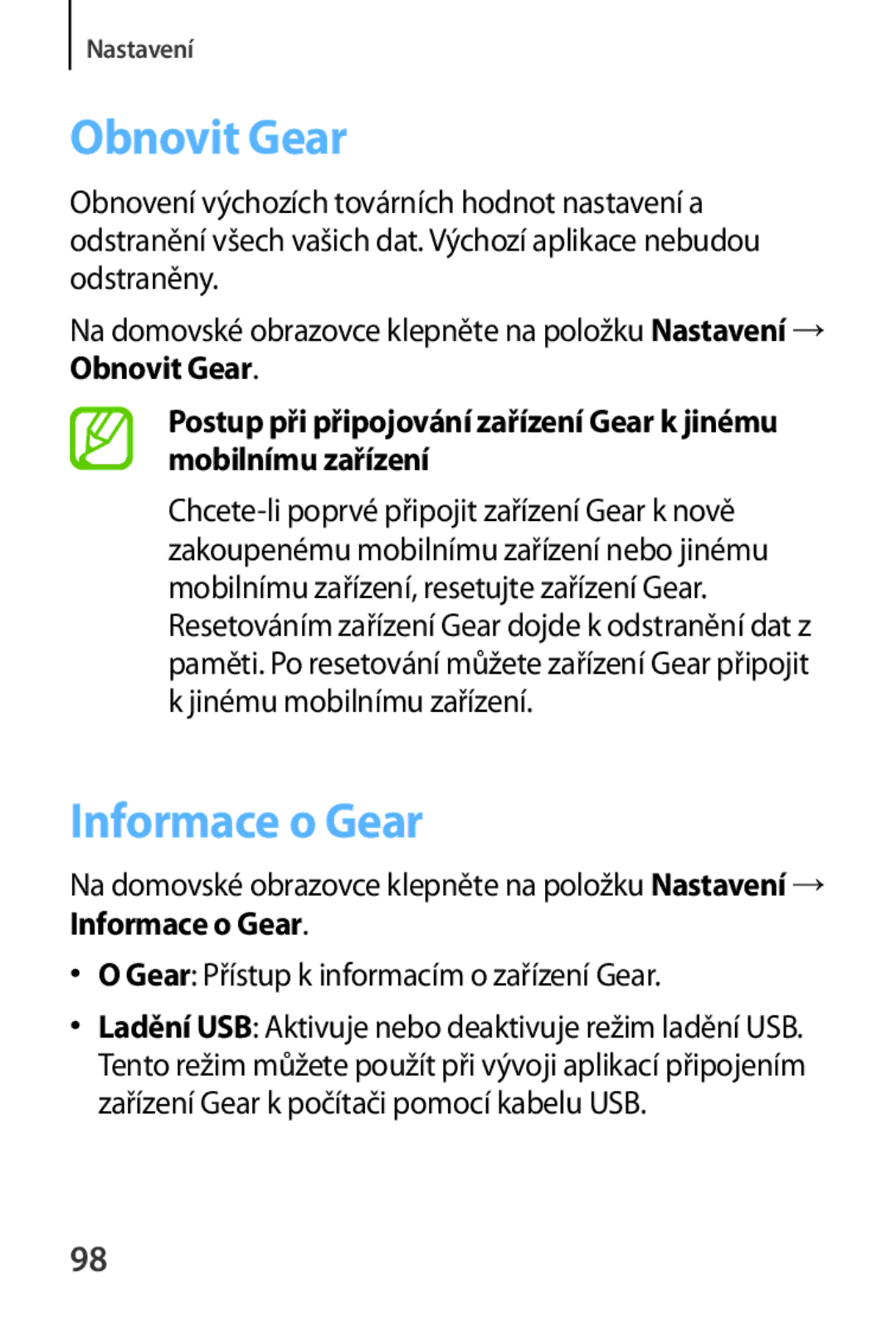 Samsung SM-R3800VSAXEZ, SM-R3800VSAXEO manual Obnovit Gear, Informace o Gear, Gear Přístup k informacím o zařízení Gear 