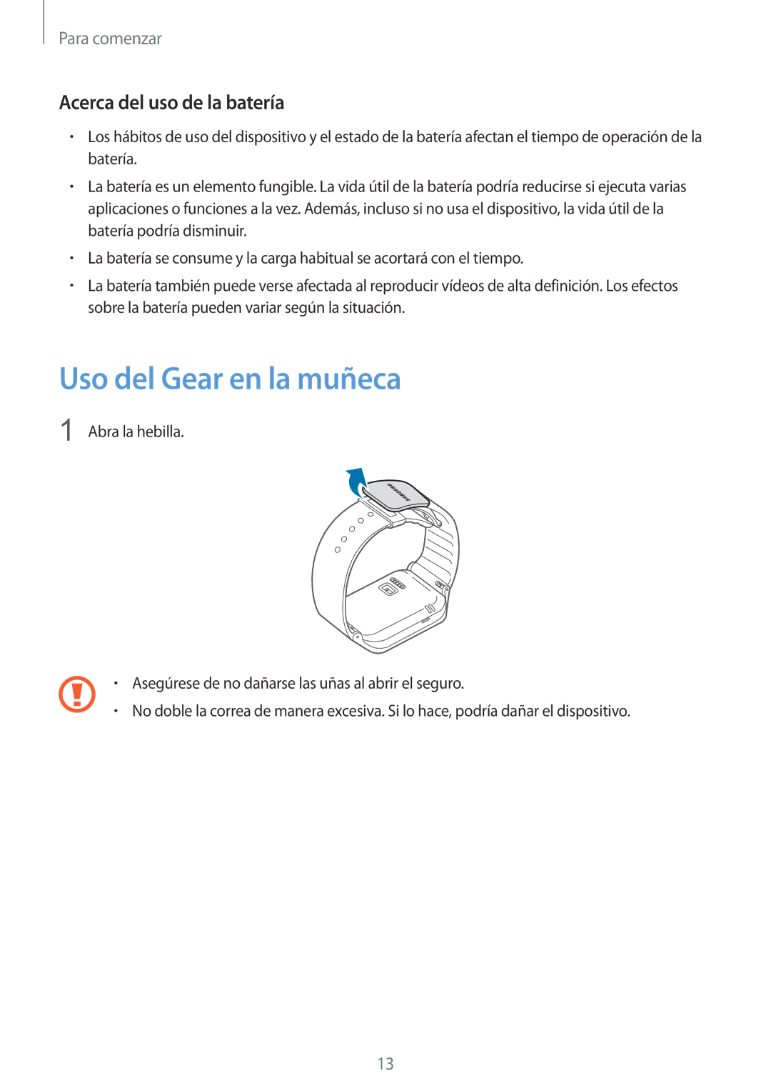 Samsung SM-R3800MOAPHE, SM-R3800VSAXSP, SM-R3800GNABTU manual Uso del Gear en la muñeca, Acerca del uso de la batería 