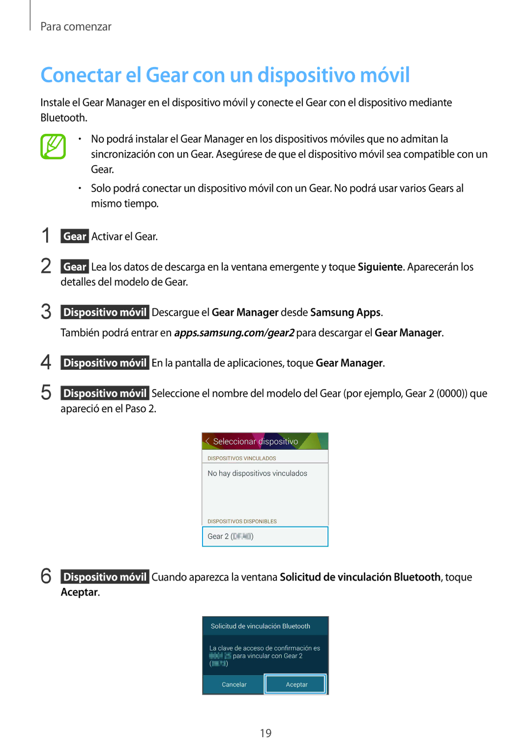 Samsung SM-R3800VSAPHE manual Conectar el Gear con un dispositivo móvil, Descargue el Gear Manager desde Samsung Apps 