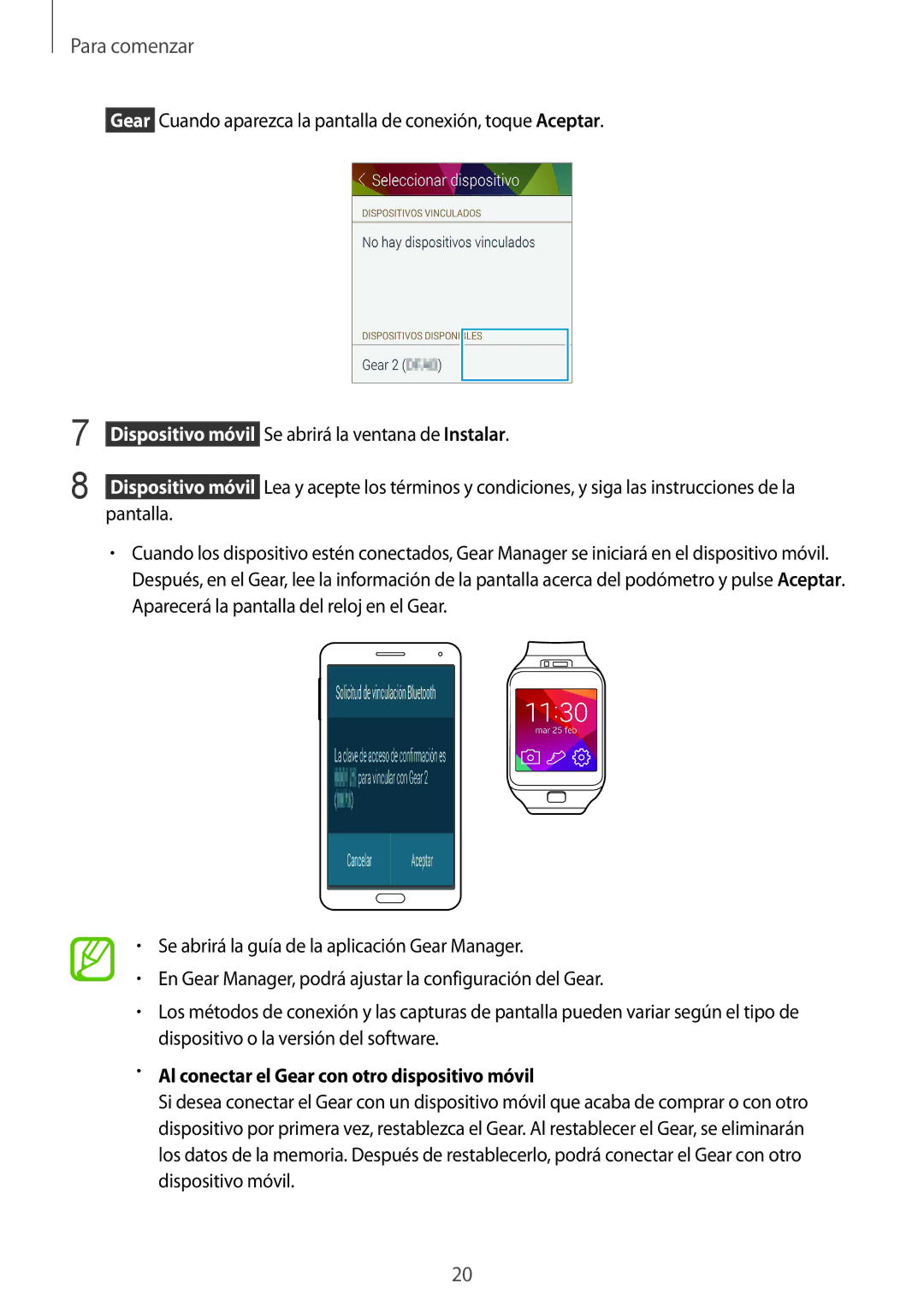 Samsung SM-R3800VSAXSP, SM-R3800GNABTU, SM-R3800GNAPHE, SM-R3800MOAPHE manual Al conectar el Gear con otro dispositivo móvil 