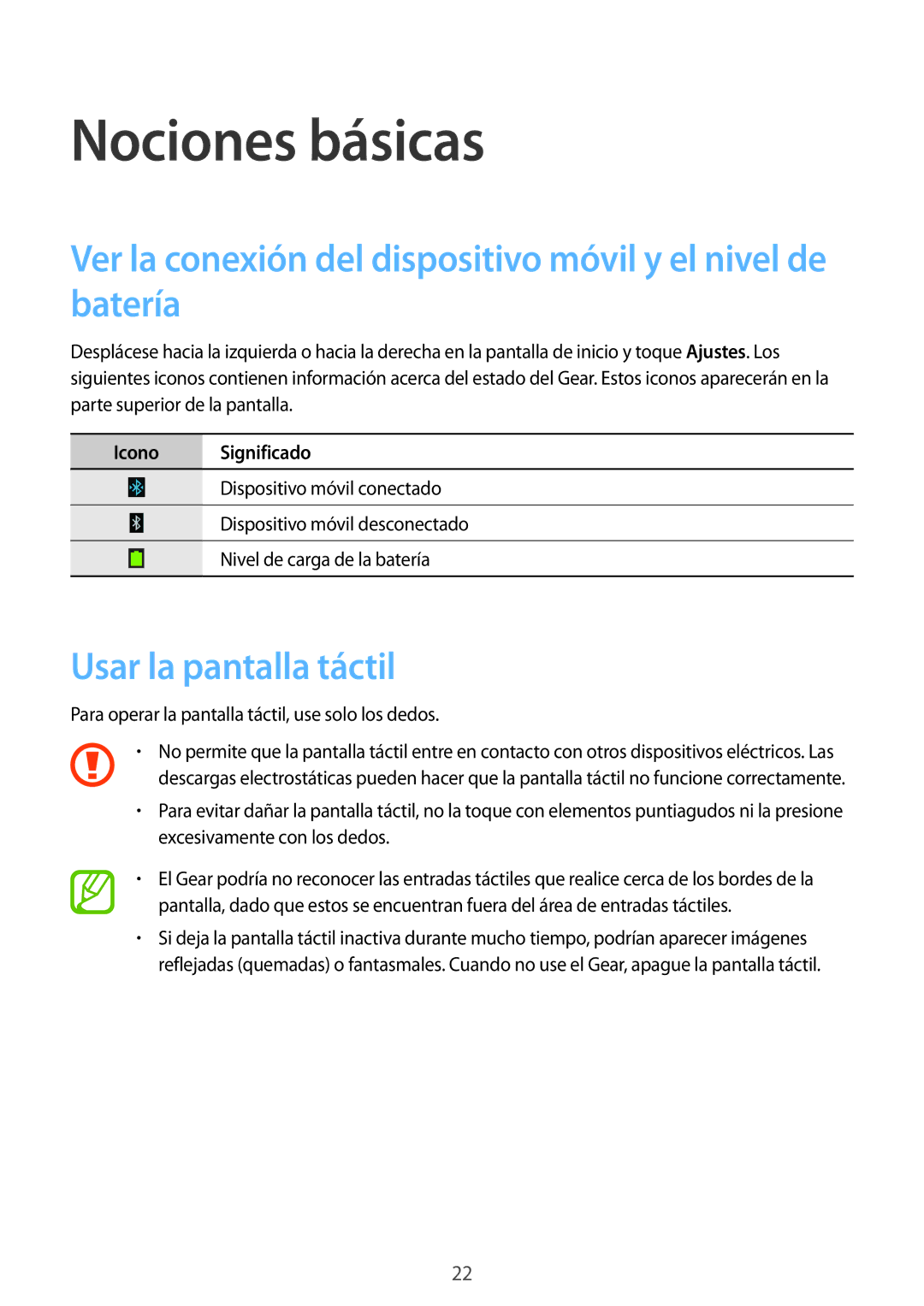 Samsung SM-R3800GNAPHE Nociones básicas, Ver la conexión del dispositivo móvil y el nivel de batería, Icono Significado 