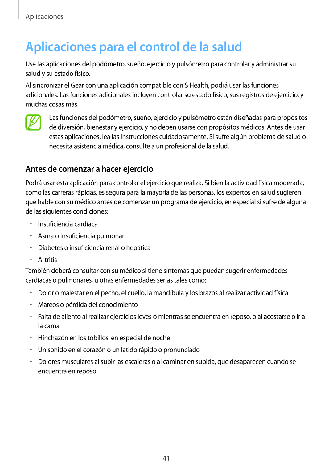 Samsung SM-R3800GNABTU, SM-R3800VSAXSP manual Aplicaciones para el control de la salud, Antes de comenzar a hacer ejercicio 