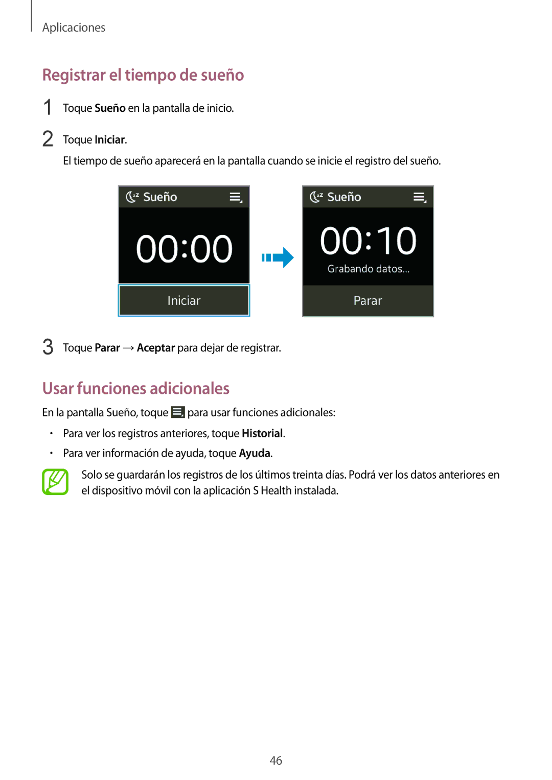 Samsung SM-R3800GNABTU, SM-R3800VSAXSP, SM-R3800GNAPHE, SM-R3800MOAPHE, SM-R3800VSAPHE manual Registrar el tiempo de sueño 