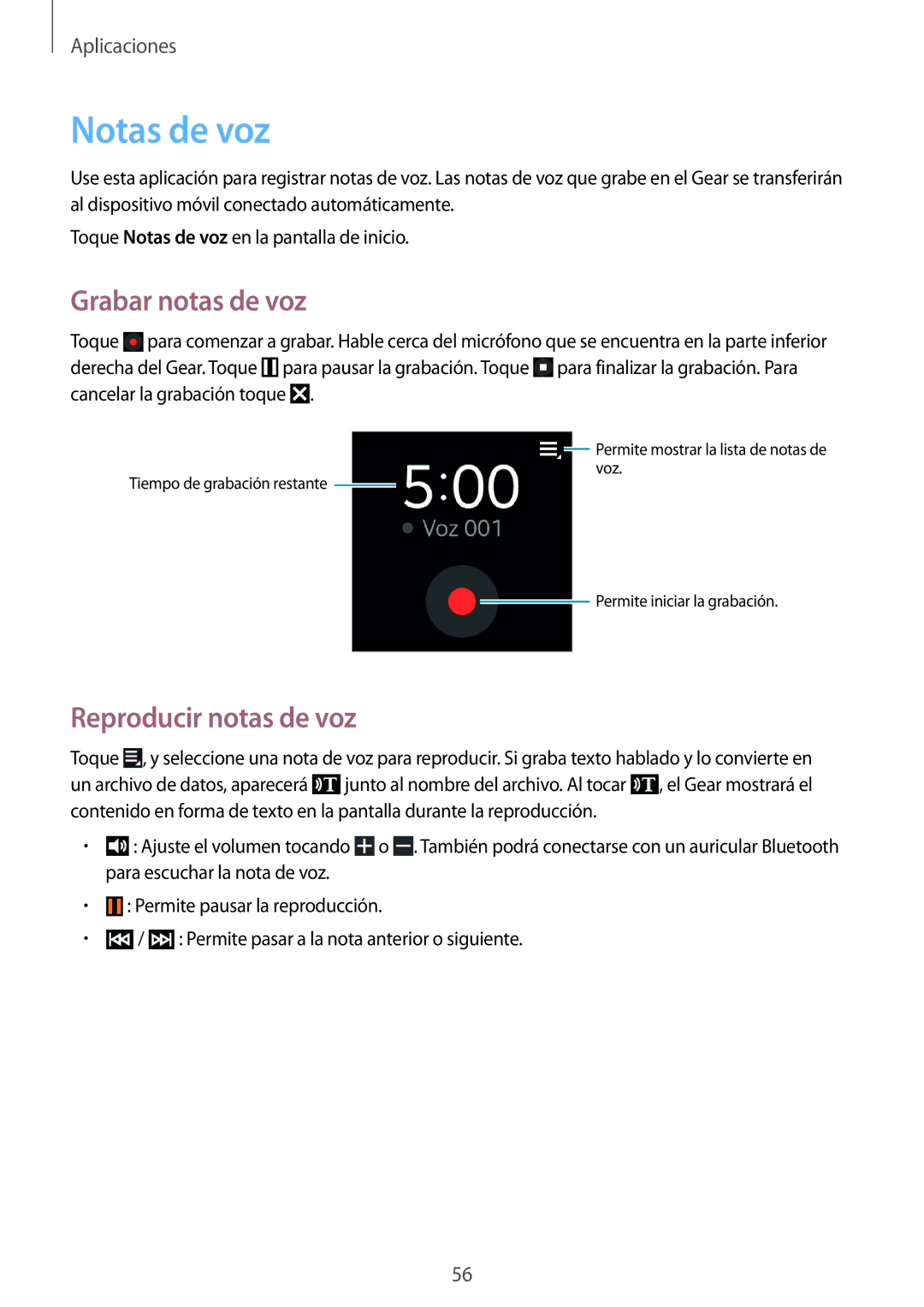 Samsung SM-R3800GNABTU, SM-R3800VSAXSP, SM-R3800GNAPHE manual Notas de voz, Grabar notas de voz, Reproducir notas de voz 