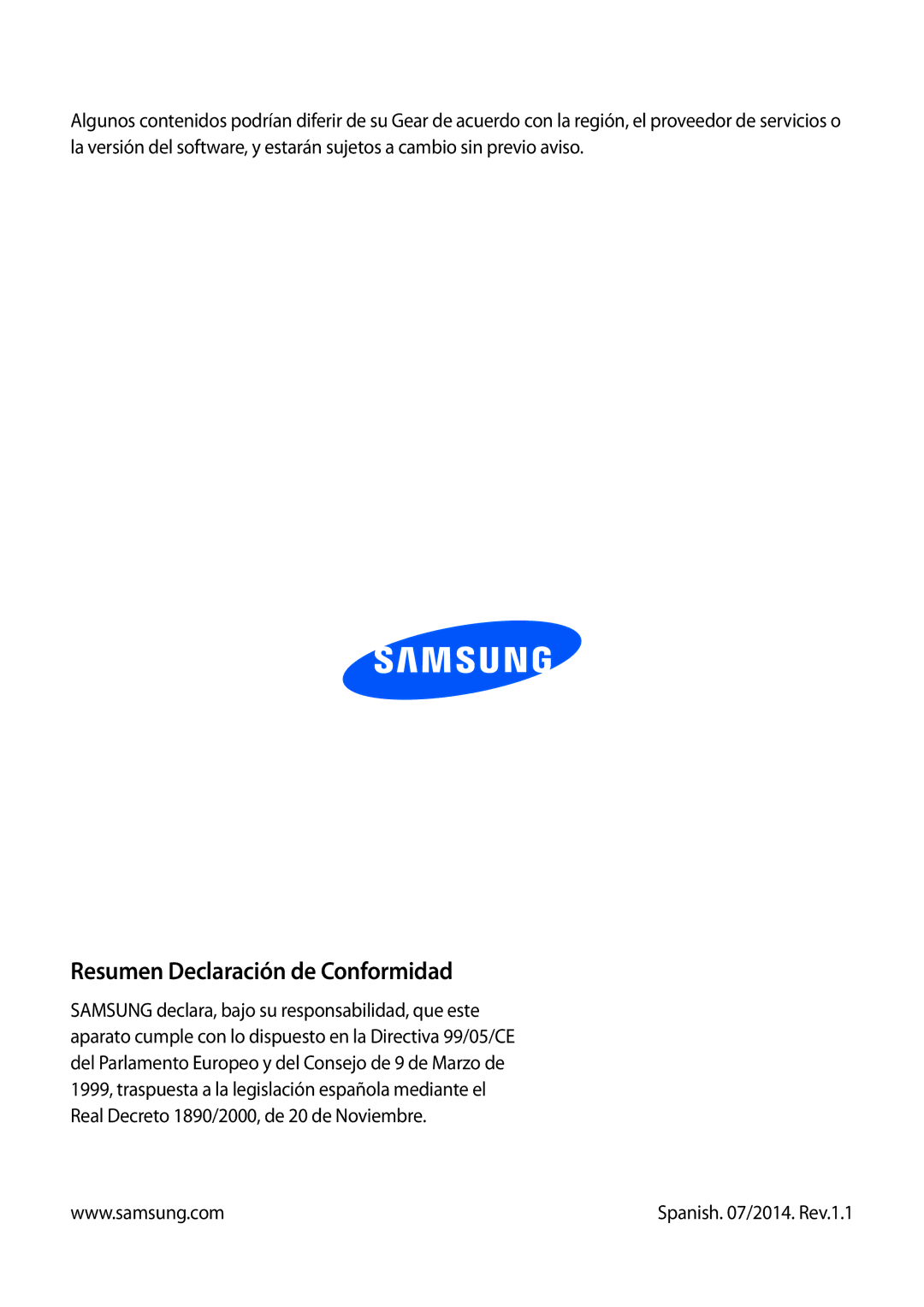 Samsung SM-R3800MOAPHE, SM-R3800VSAXSP, SM-R3800GNABTU, SM-R3800GNAPHE, SM-R3800VSAPHE Resumen Declaración de Conformidad 