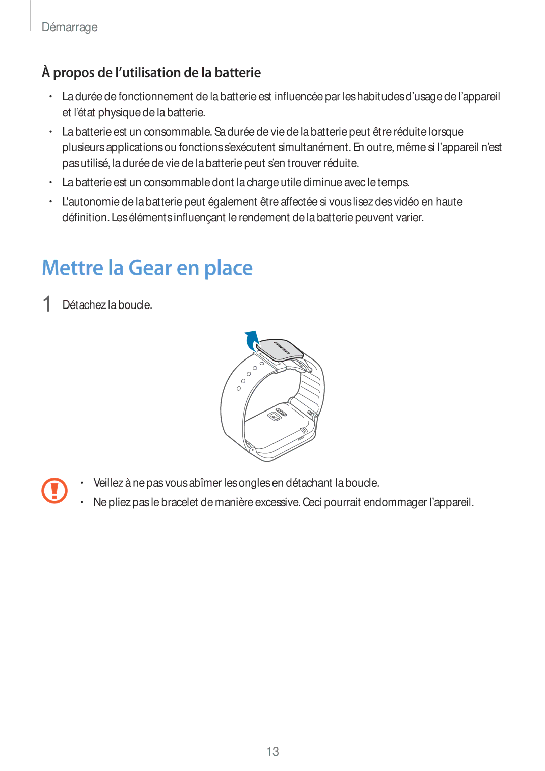 Samsung SM-R3810ZOAXEF, SM-R3810ZAAXEF, SM-R3810ZKAXEF manual Mettre la Gear en place, Propos de l’utilisation de la batterie 