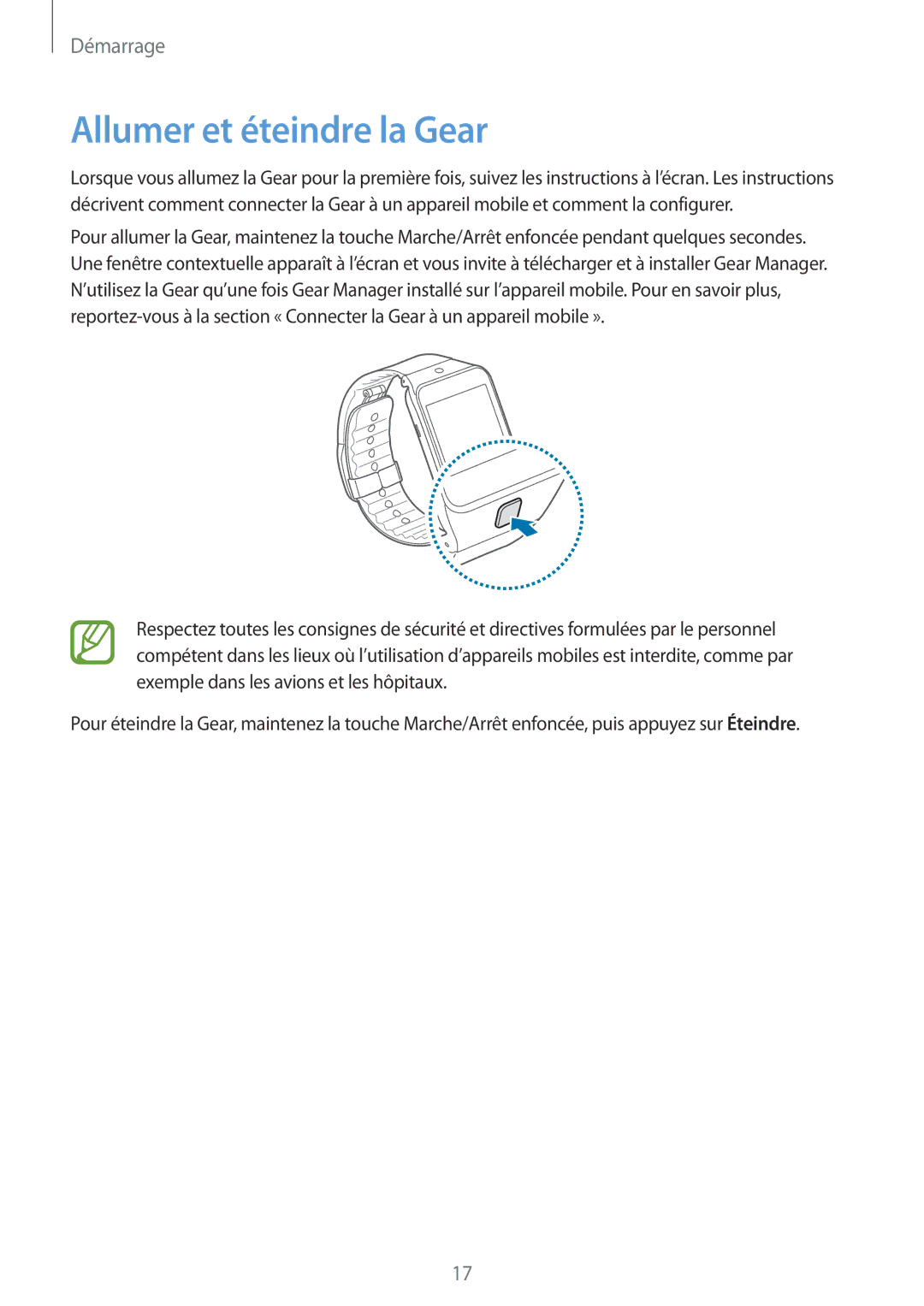 Samsung SM-R3810ZKAXEF, SM-R3810ZAAXEF, SM-R3810ZOAXEF manual Allumer et éteindre la Gear 