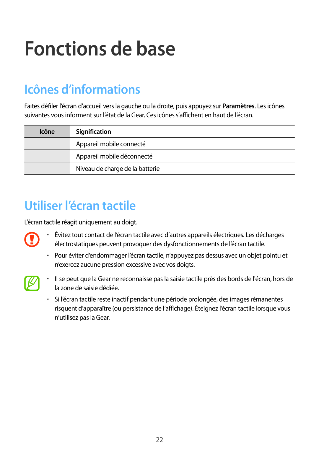 Samsung SM-R3810ZOAXEF, SM-R3810ZAAXEF, SM-R3810ZKAXEF Icônes d’informations, Utiliser l’écran tactile, Icône Signification 