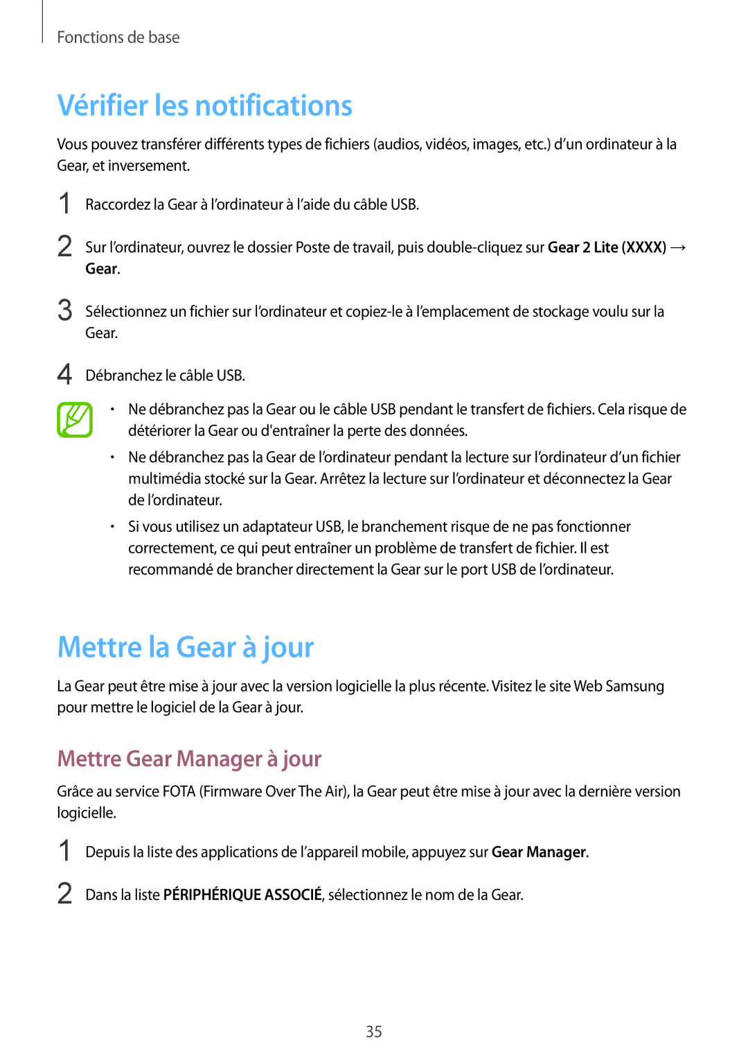 Samsung SM-R3810ZKAXEF, SM-R3810ZAAXEF manual Vérifier les notifications, Mettre la Gear à jour, Mettre Gear Manager à jour 