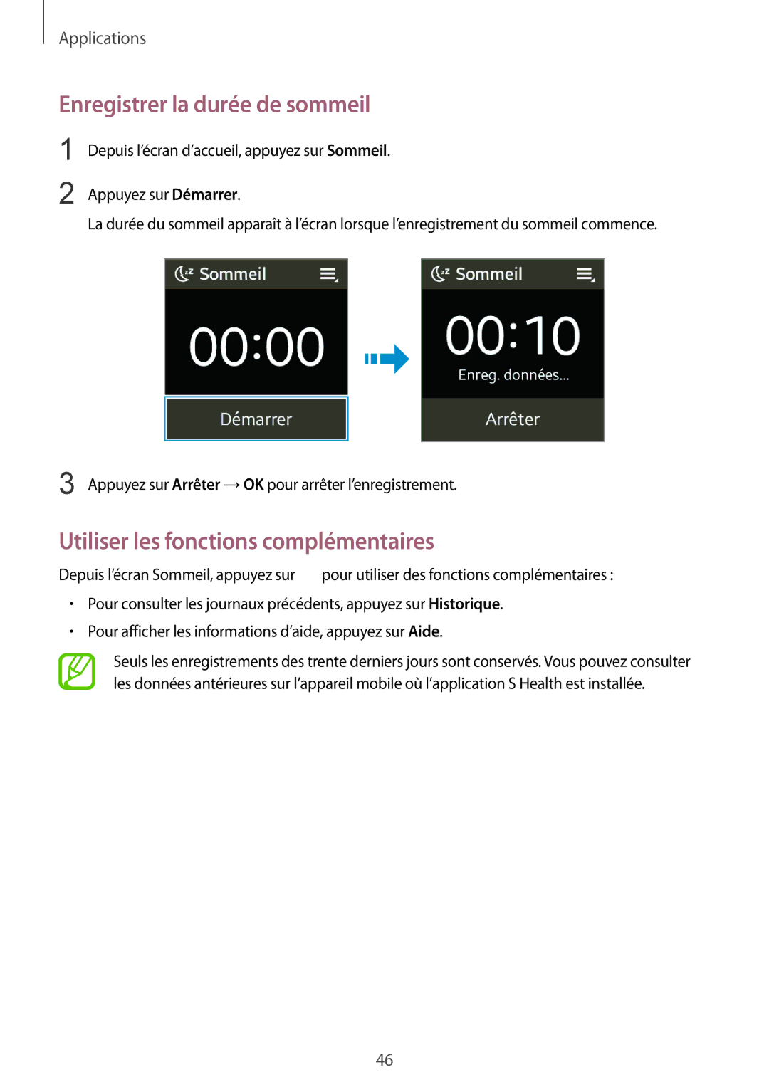 Samsung SM-R3810ZOAXEF, SM-R3810ZAAXEF, SM-R3810ZKAXEF manual Enregistrer la durée de sommeil 