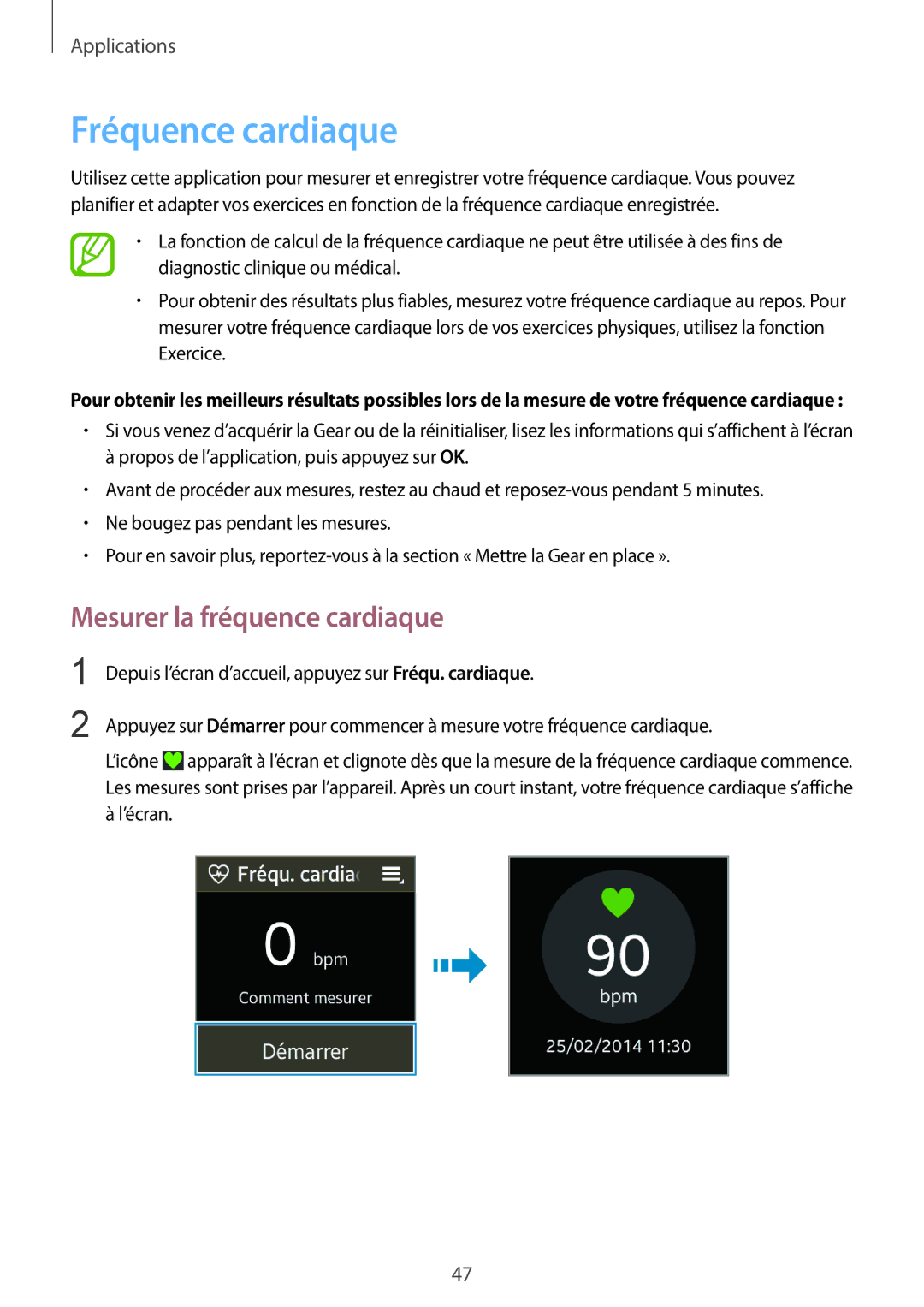 Samsung SM-R3810ZKAXEF, SM-R3810ZAAXEF, SM-R3810ZOAXEF manual Fréquence cardiaque, Mesurer la fréquence cardiaque 