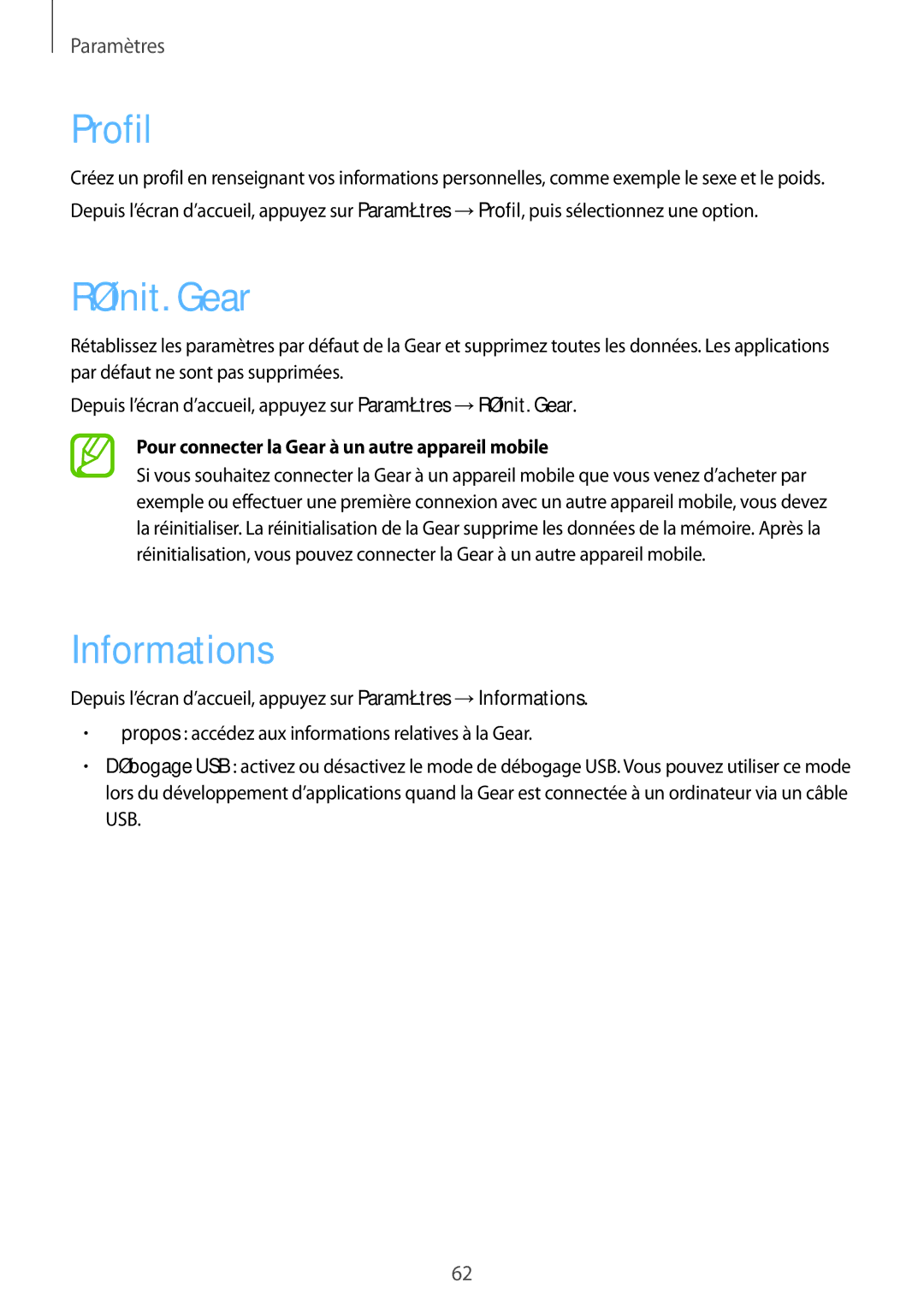 Samsung SM-R3810ZKAXEF, SM-R3810ZAAXEF, SM-R3810ZOAXEF manual Profil, Réinit. Gear, Informations 