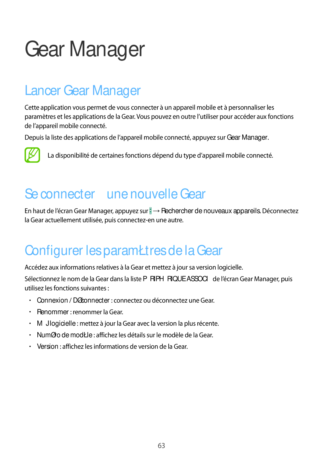 Samsung SM-R3810ZAAXEF manual Lancer Gear Manager, Se connecter à une nouvelle Gear, Configurer les paramètres de la Gear 