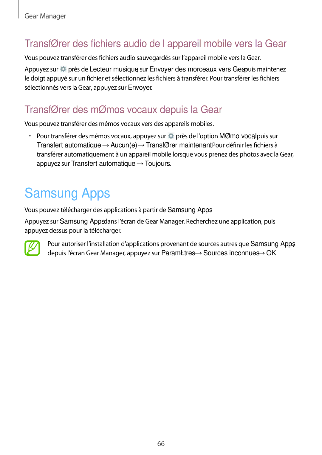 Samsung SM-R3810ZAAXEF, SM-R3810ZOAXEF, SM-R3810ZKAXEF manual Samsung Apps, Transférer des mémos vocaux depuis la Gear 