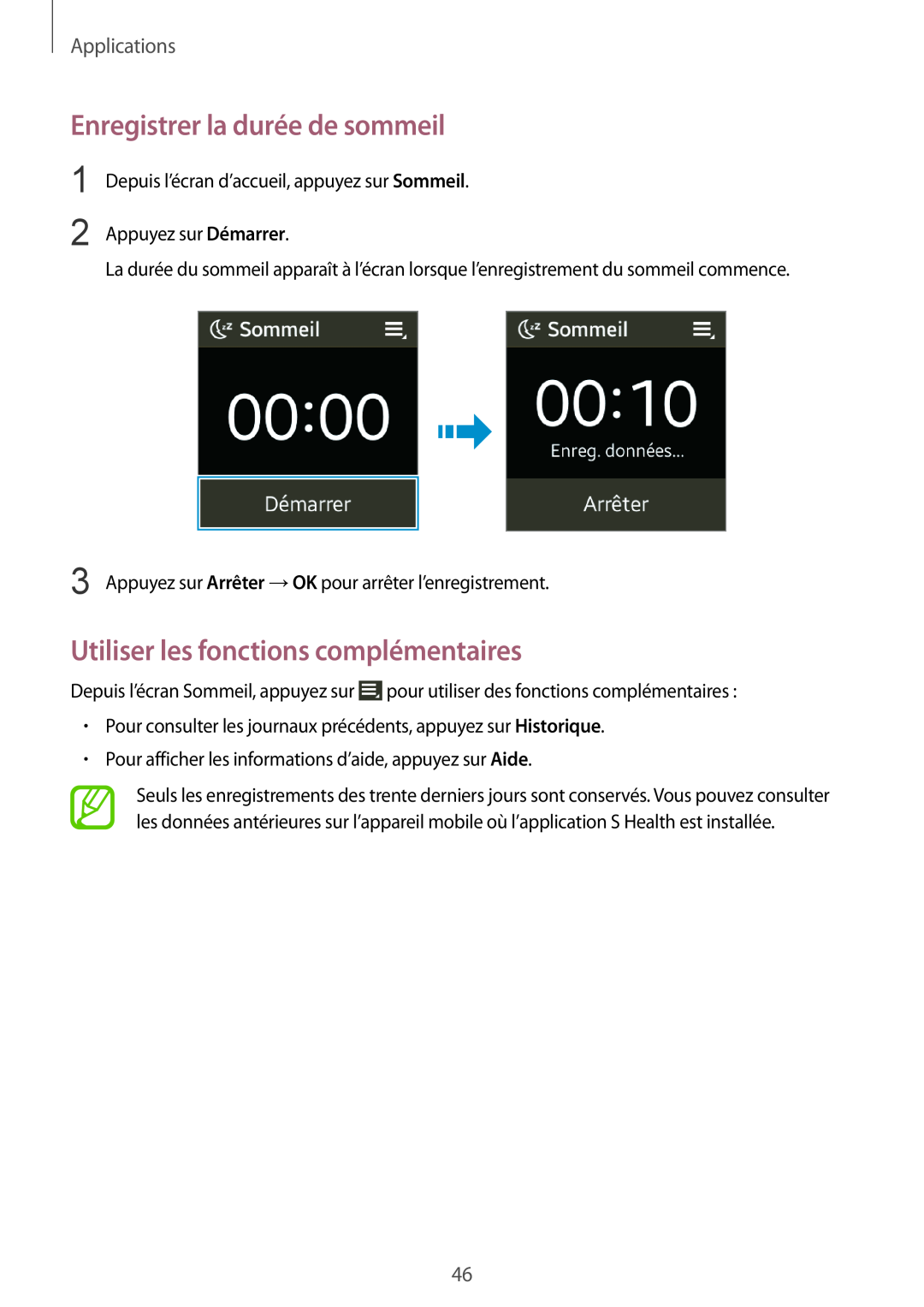 Samsung SM-R3810ZOAXEF manual Enregistrer la durée de sommeil, Utiliser les fonctions complémentaires, Applications 