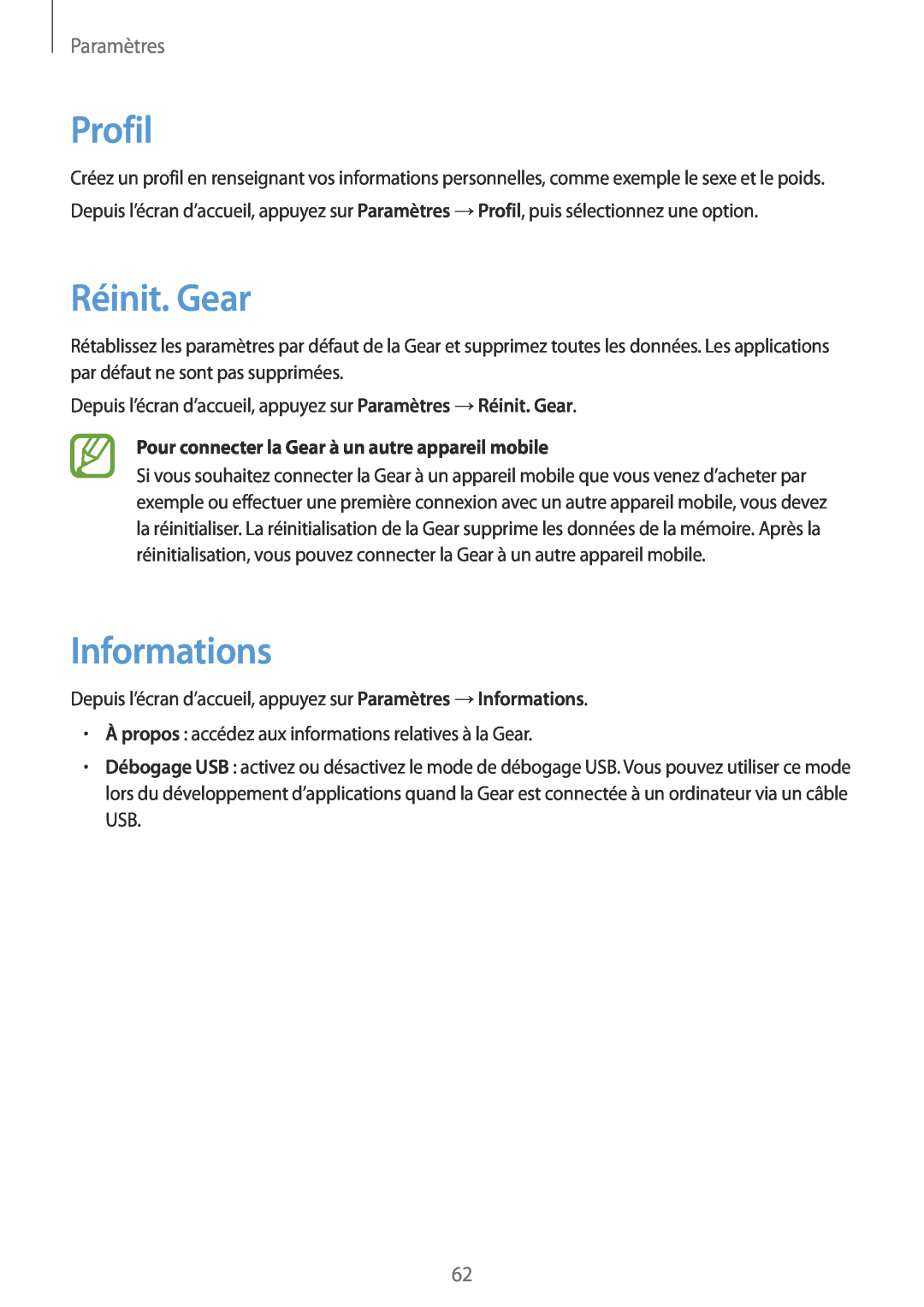 Samsung SM-R3810ZKAXEF, SM-R3810ZAAXEF, SM-R3810ZOAXEF manual Profil, Réinit. Gear, Informations, Paramètres 