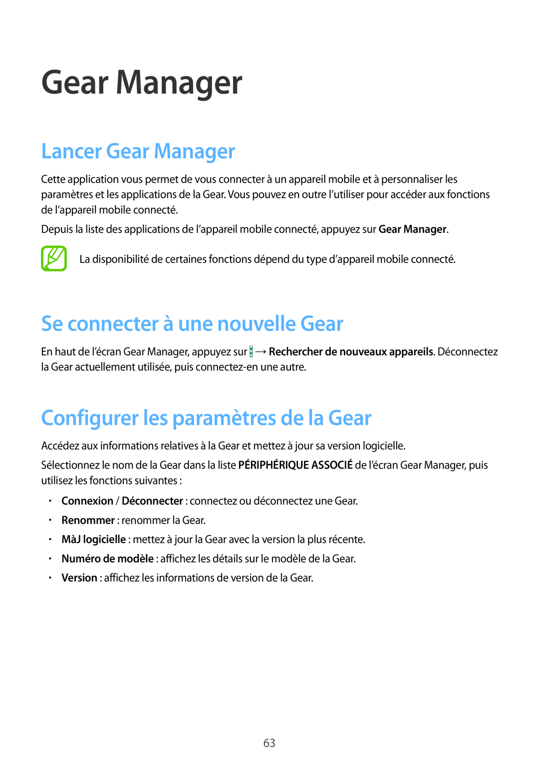 Samsung SM-R3810ZAAXEF Lancer Gear Manager, Se connecter à une nouvelle Gear, Configurer les paramètres de la Gear 