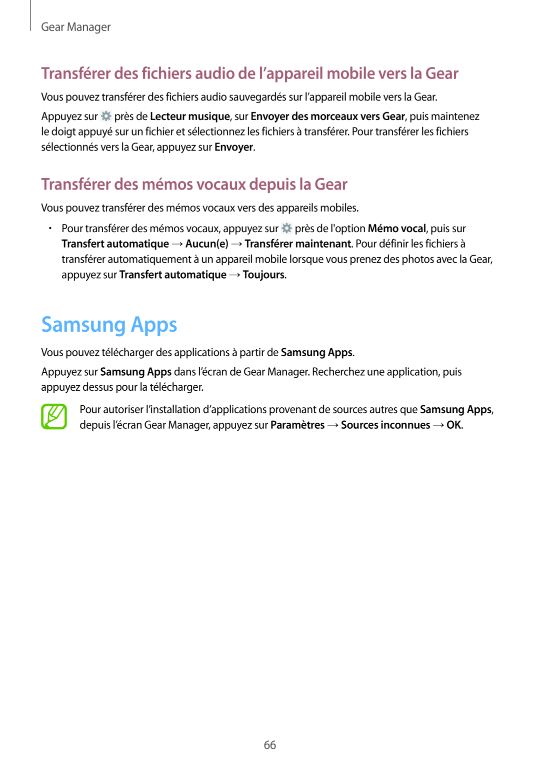 Samsung SM-R3810ZAAXEF manual Samsung Apps, Transférer des fichiers audio de l’appareil mobile vers la Gear, Gear Manager 
