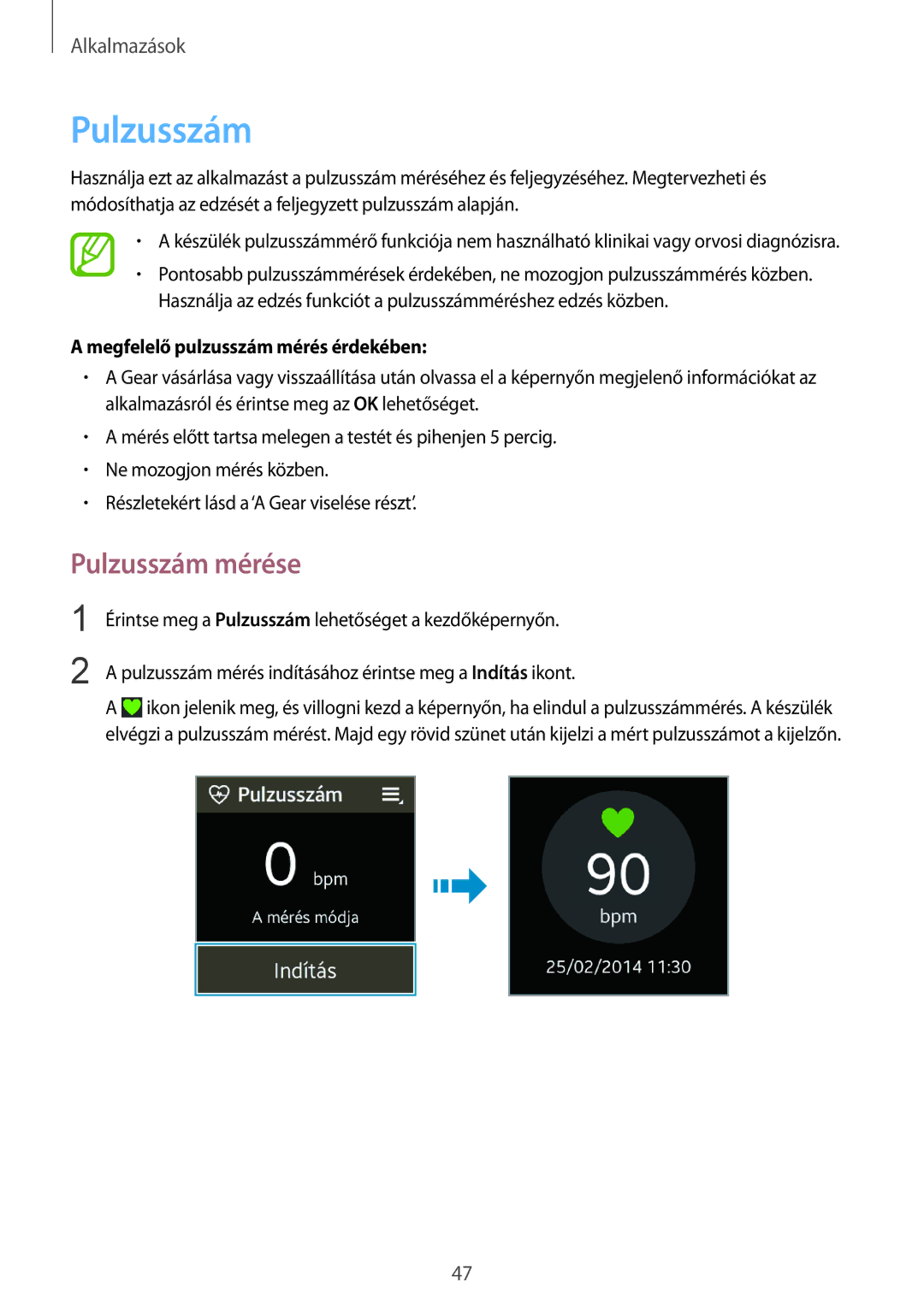 Samsung SM-R3810ZAAXEO, SM-R3810ZKAEUR, SM-R3810ZAAATO manual Pulzusszám mérése, Megfelelő pulzusszám mérés érdekében 