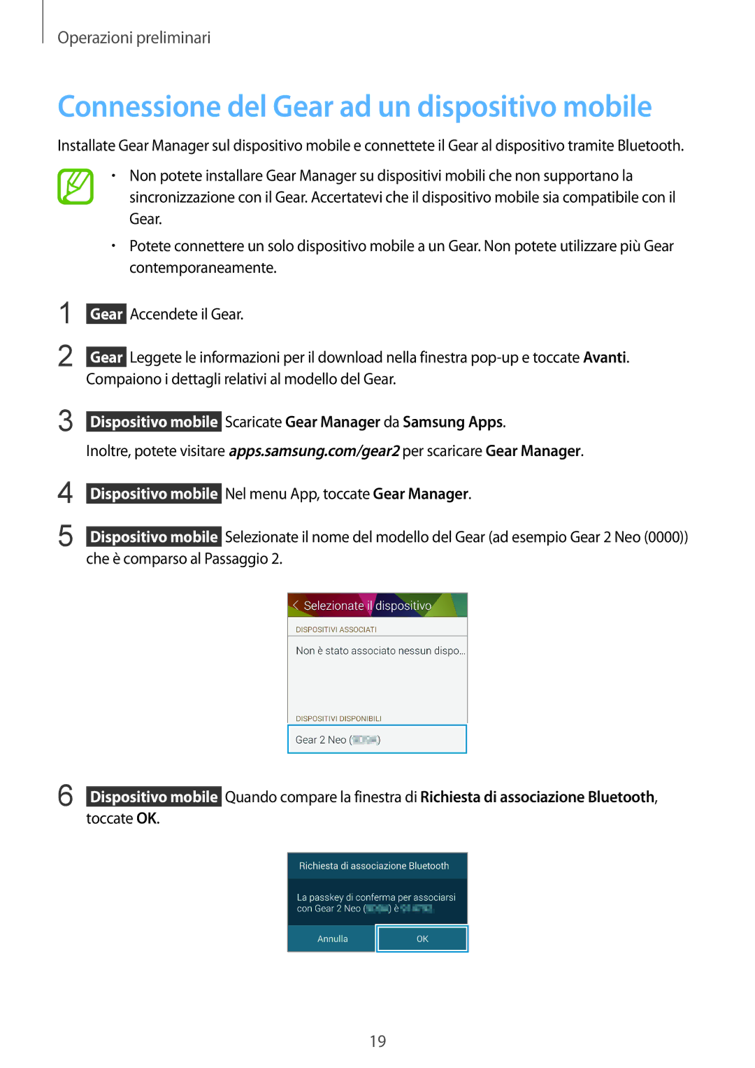 Samsung SM-R3810ZAAITV, SM-R3810ZKAITV, SM-R3810ZOAITV manual Connessione del Gear ad un dispositivo mobile 