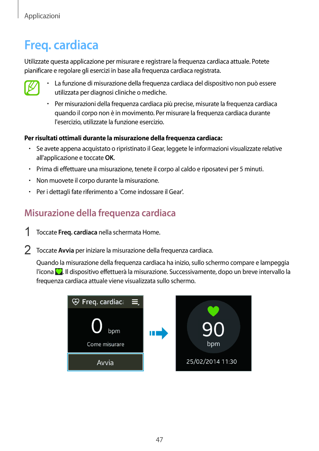 Samsung SM-R3810ZOAITV, SM-R3810ZKAITV, SM-R3810ZAAITV manual Freq. cardiaca, Misurazione della frequenza cardiaca 