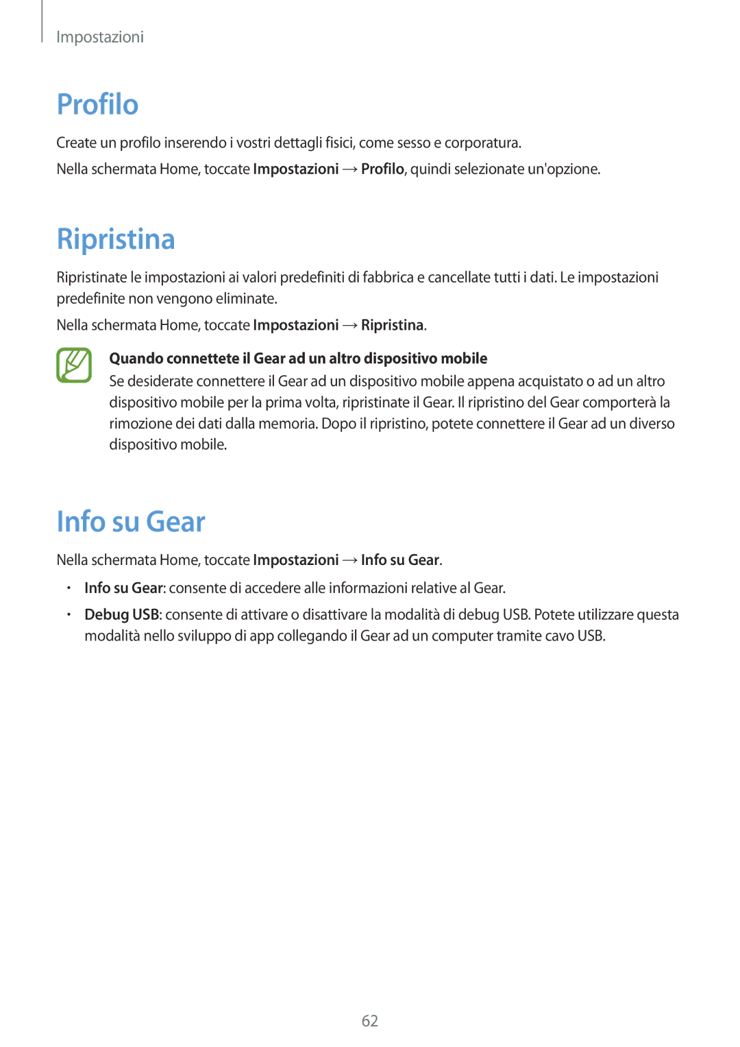 Samsung SM-R3810ZOAITV, SM-R3810ZKAITV, SM-R3810ZAAITV manual Profilo, Ripristina, Info su Gear 