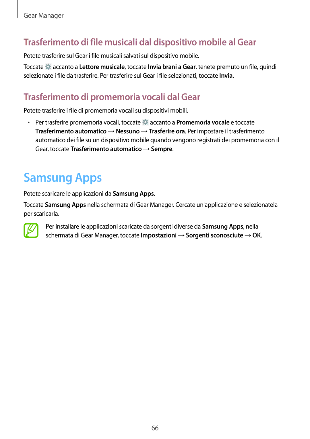 Samsung SM-R3810ZKAITV, SM-R3810ZAAITV, SM-R3810ZOAITV manual Samsung Apps, Trasferimento di promemoria vocali dal Gear 