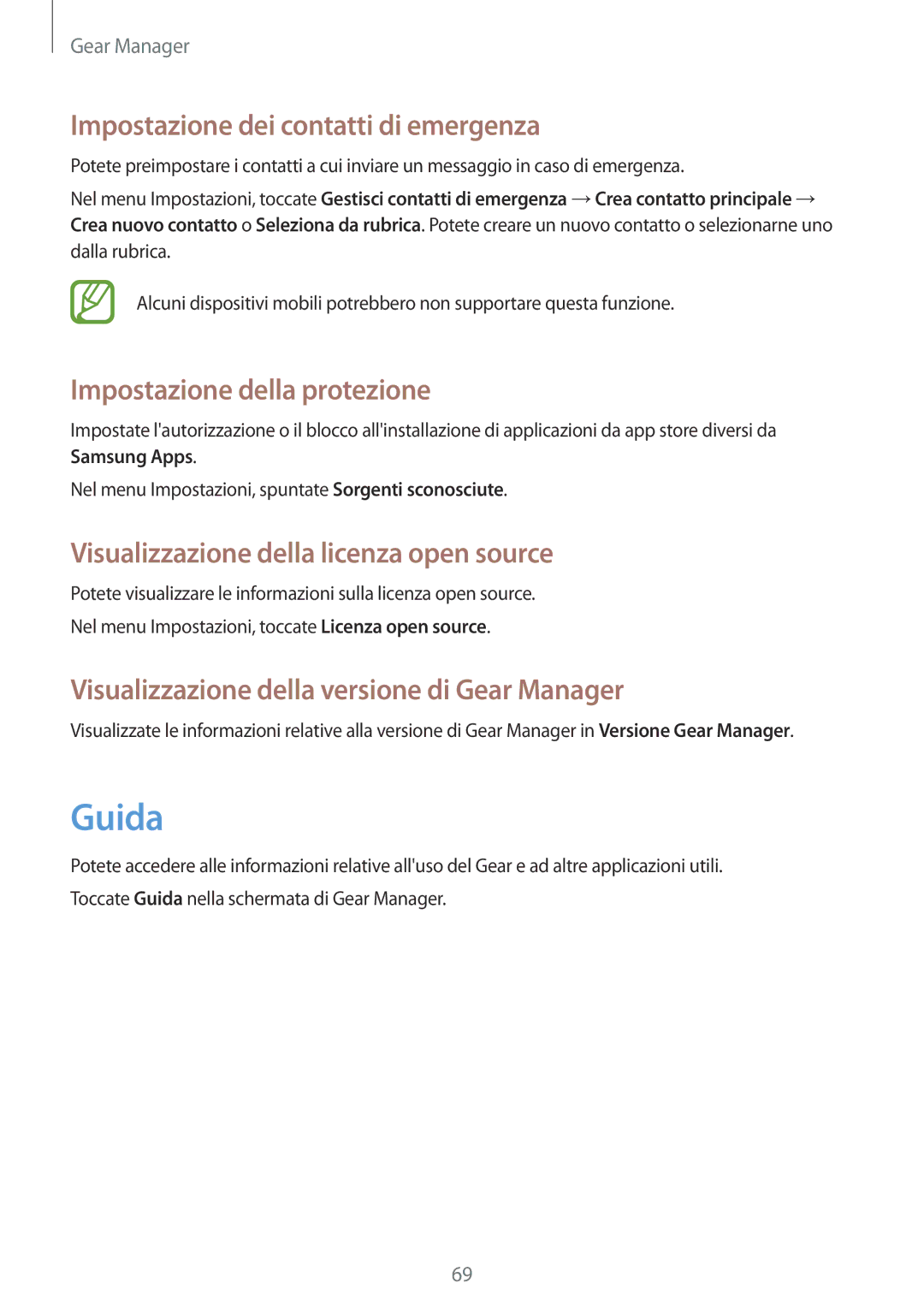 Samsung SM-R3810ZKAITV, SM-R3810ZAAITV manual Guida, Impostazione dei contatti di emergenza, Impostazione della protezione 