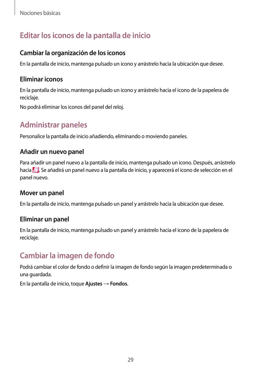 Samsung SM-R3810ZAAPHE manual Editar los iconos de la pantalla de inicio, Administrar paneles, Cambiar la imagen de fondo 