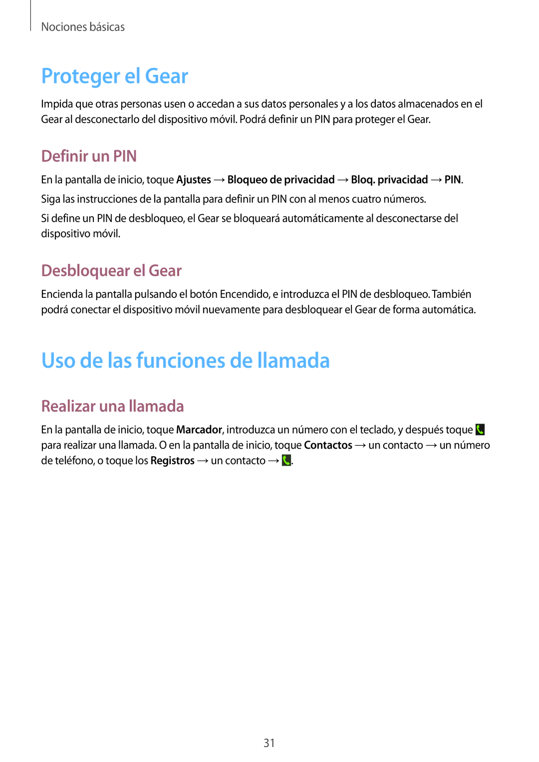 Samsung SM-R3810ZOAXAR manual Proteger el Gear, Uso de las funciones de llamada, Definir un PIN, Desbloquear el Gear 