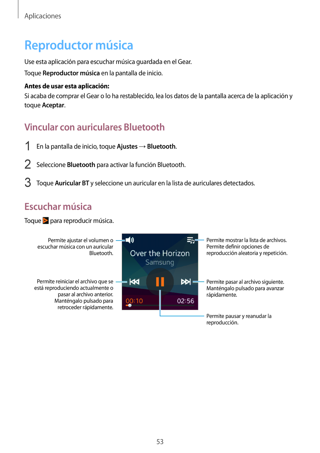 Samsung SM-R3810ZAAPHE, SM-R3810ZKAPHE manual Reproductor música, Vincular con auriculares Bluetooth, Escuchar música 