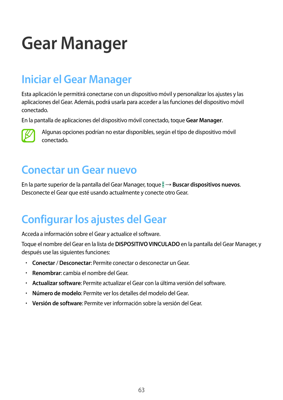 Samsung SM-R3810ZOAXAR manual Iniciar el Gear Manager, Conectar un Gear nuevo, Configurar los ajustes del Gear 