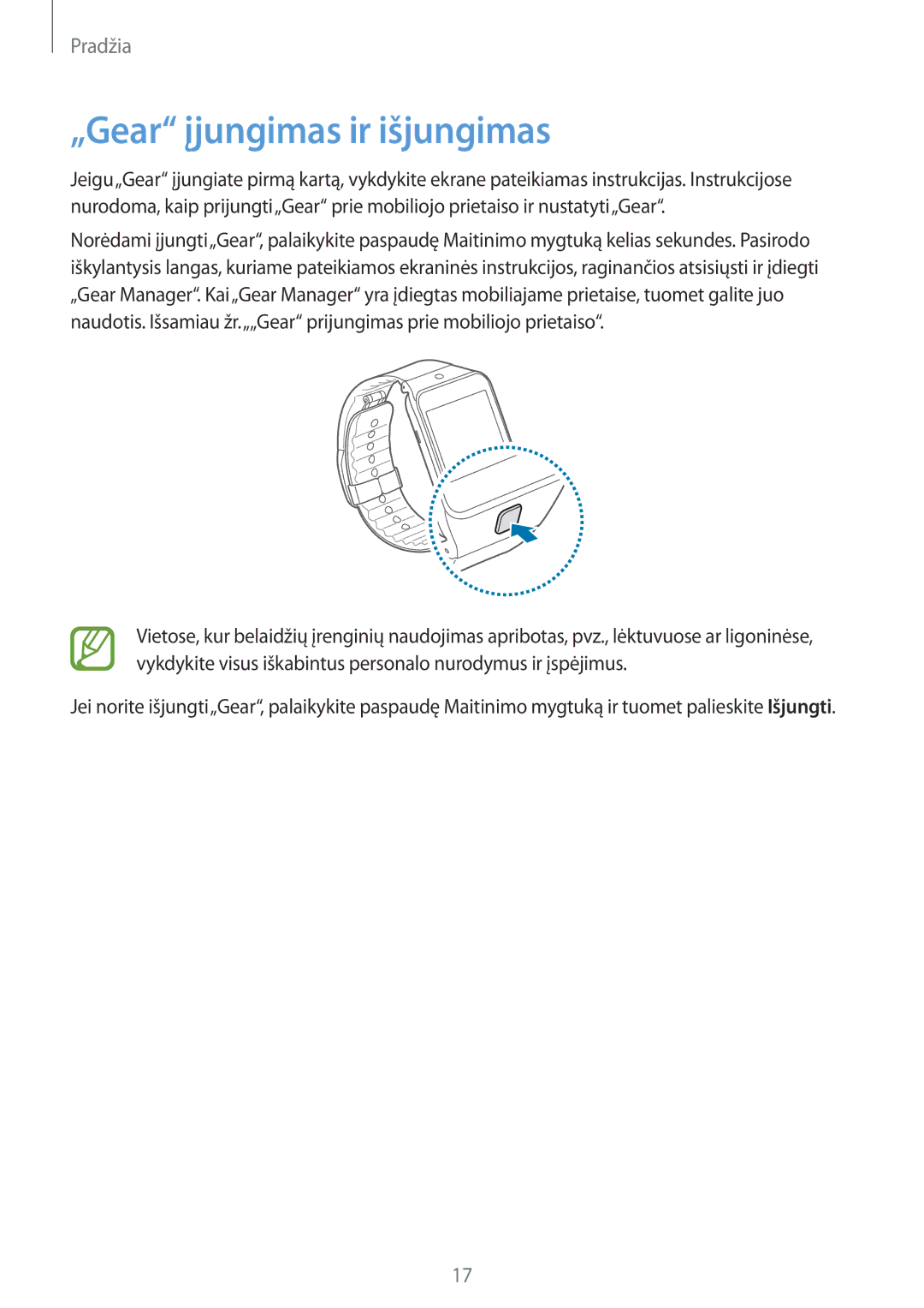 Samsung SM-R3810ZAASEB, SM-R3810ZKASEB, SM-R3810ZOASEB manual „Gear įjungimas ir išjungimas 