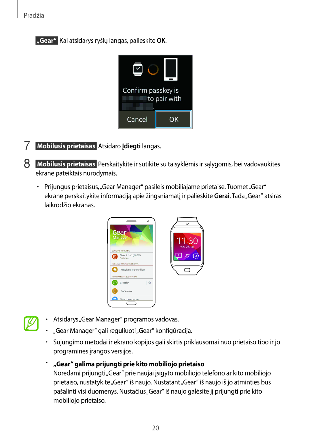 Samsung SM-R3810ZAASEB  Mobilusis prietaisas Atsidaro Įdiegti langas, „Gear galima prijungti prie kito mobiliojo prietaiso 