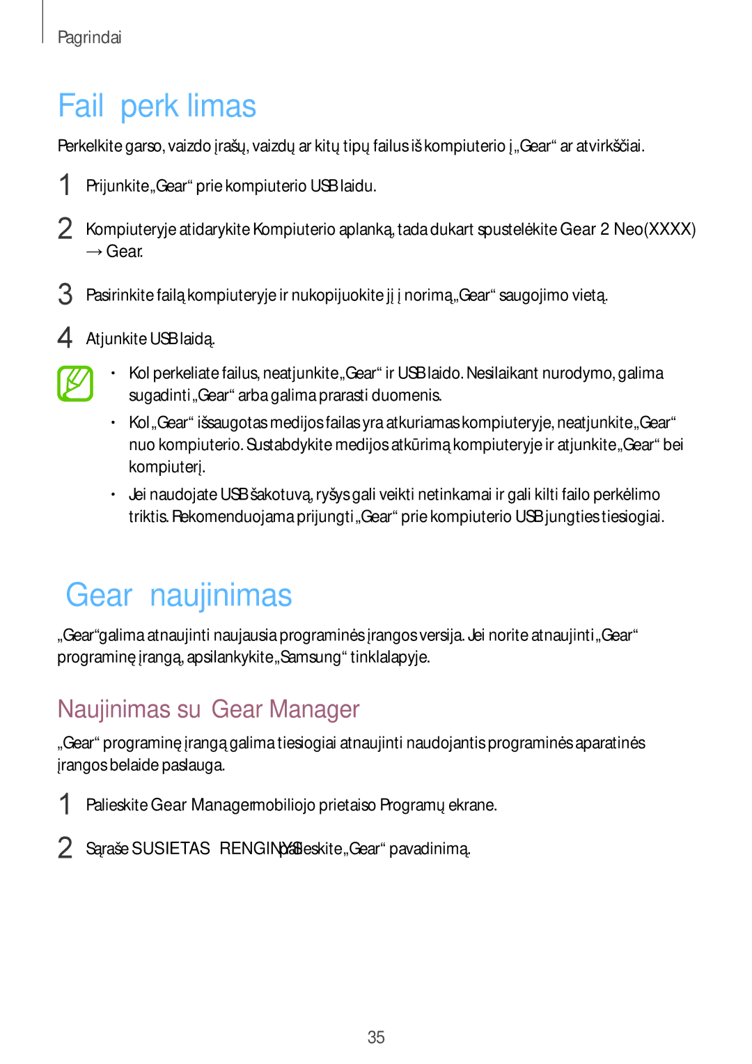 Samsung SM-R3810ZAASEB, SM-R3810ZKASEB manual Failų perkėlimas, „Gear naujinimas, Naujinimas su„Gear Manager, → Gear 