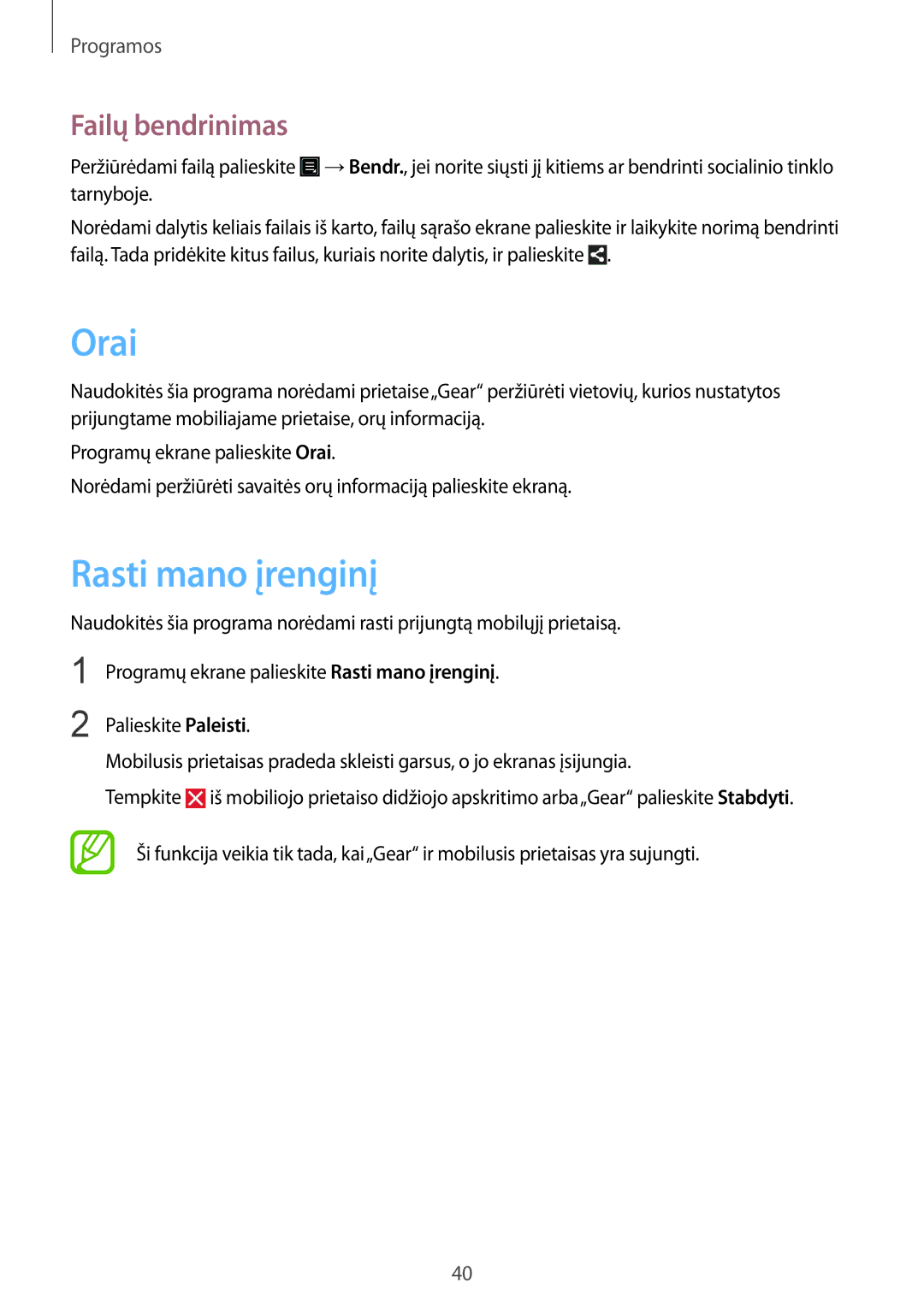 Samsung SM-R3810ZOASEB, SM-R3810ZKASEB, SM-R3810ZAASEB manual Orai, Rasti mano įrenginį, Failų bendrinimas 