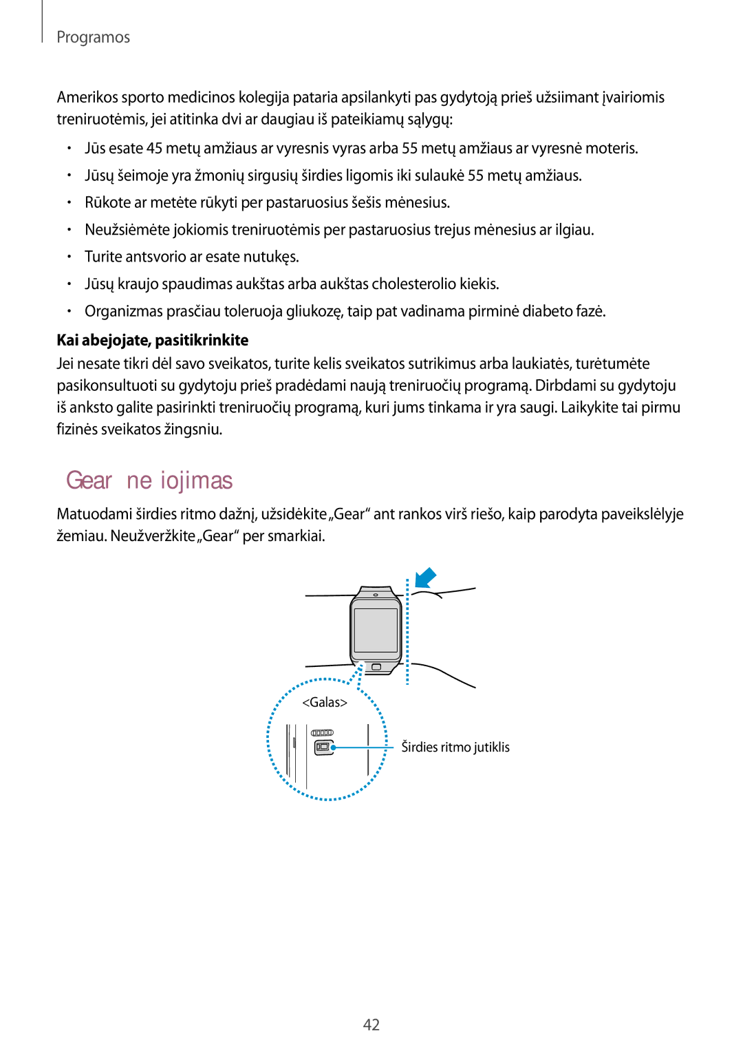 Samsung SM-R3810ZKASEB, SM-R3810ZOASEB, SM-R3810ZAASEB manual „Gear nešiojimas, Kai abejojate, pasitikrinkite 