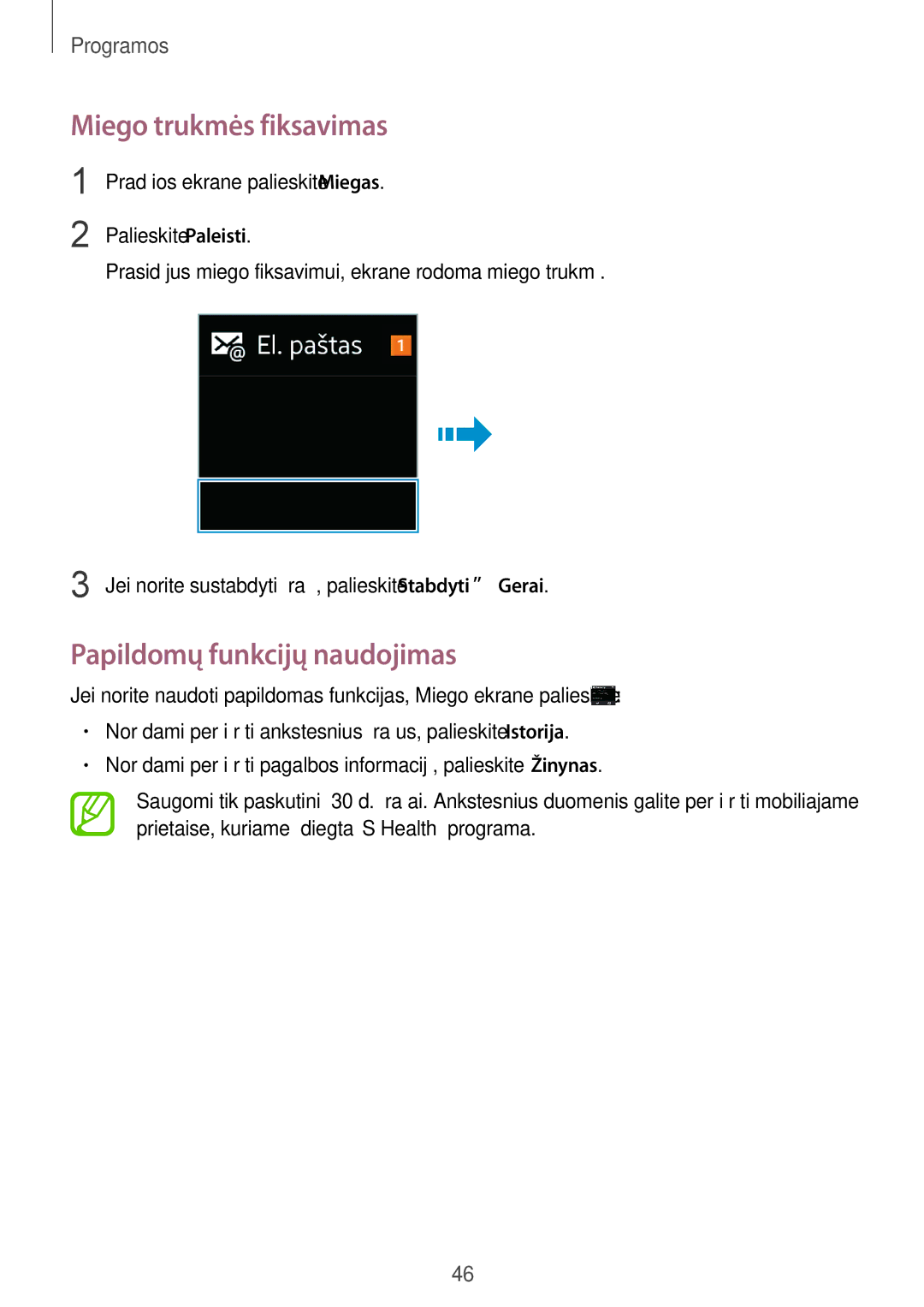 Samsung SM-R3810ZOASEB, SM-R3810ZKASEB, SM-R3810ZAASEB manual Miego trukmės fiksavimas 