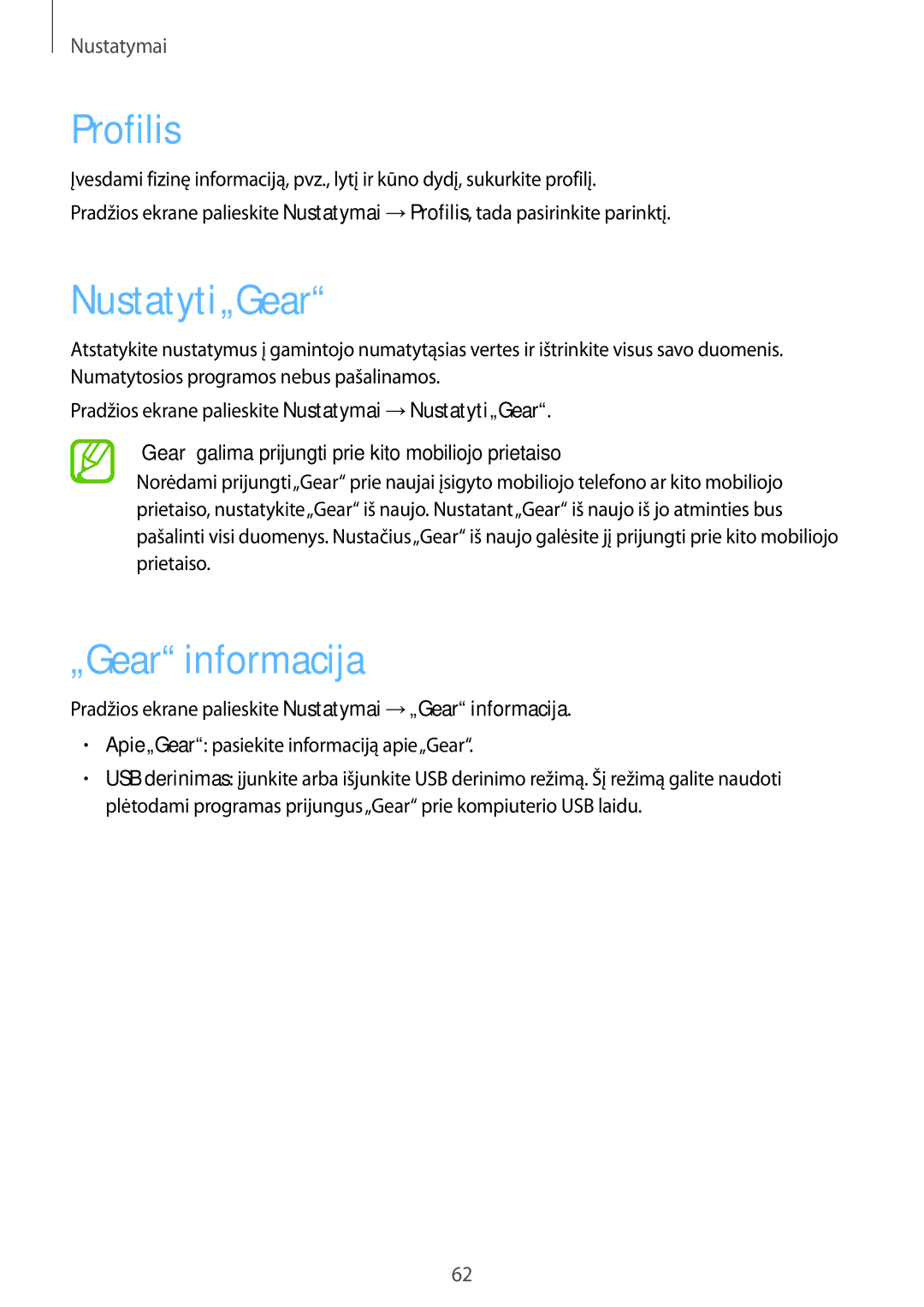 Samsung SM-R3810ZAASEB, SM-R3810ZKASEB, SM-R3810ZOASEB manual Profilis, Nustatyti„Gear, „Gear informacija 