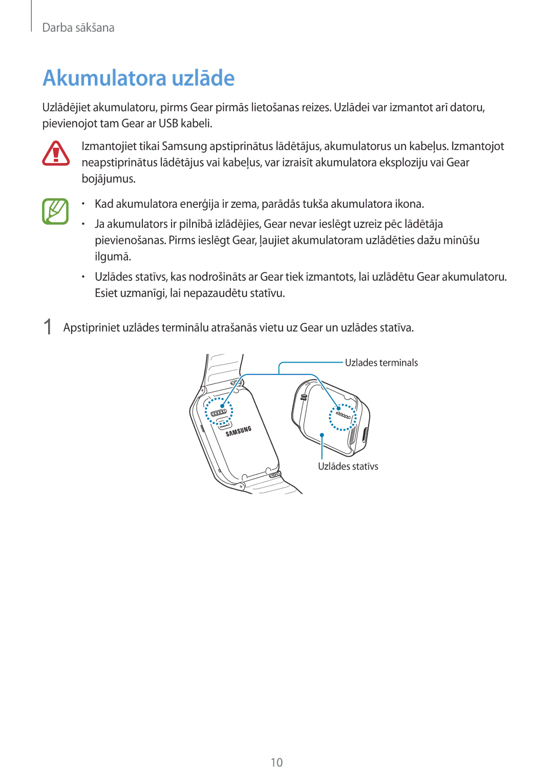 Samsung SM-R3810ZOASEB, SM-R3810ZKASEB, SM-R3810ZAASEB manual Akumulatora uzlāde 