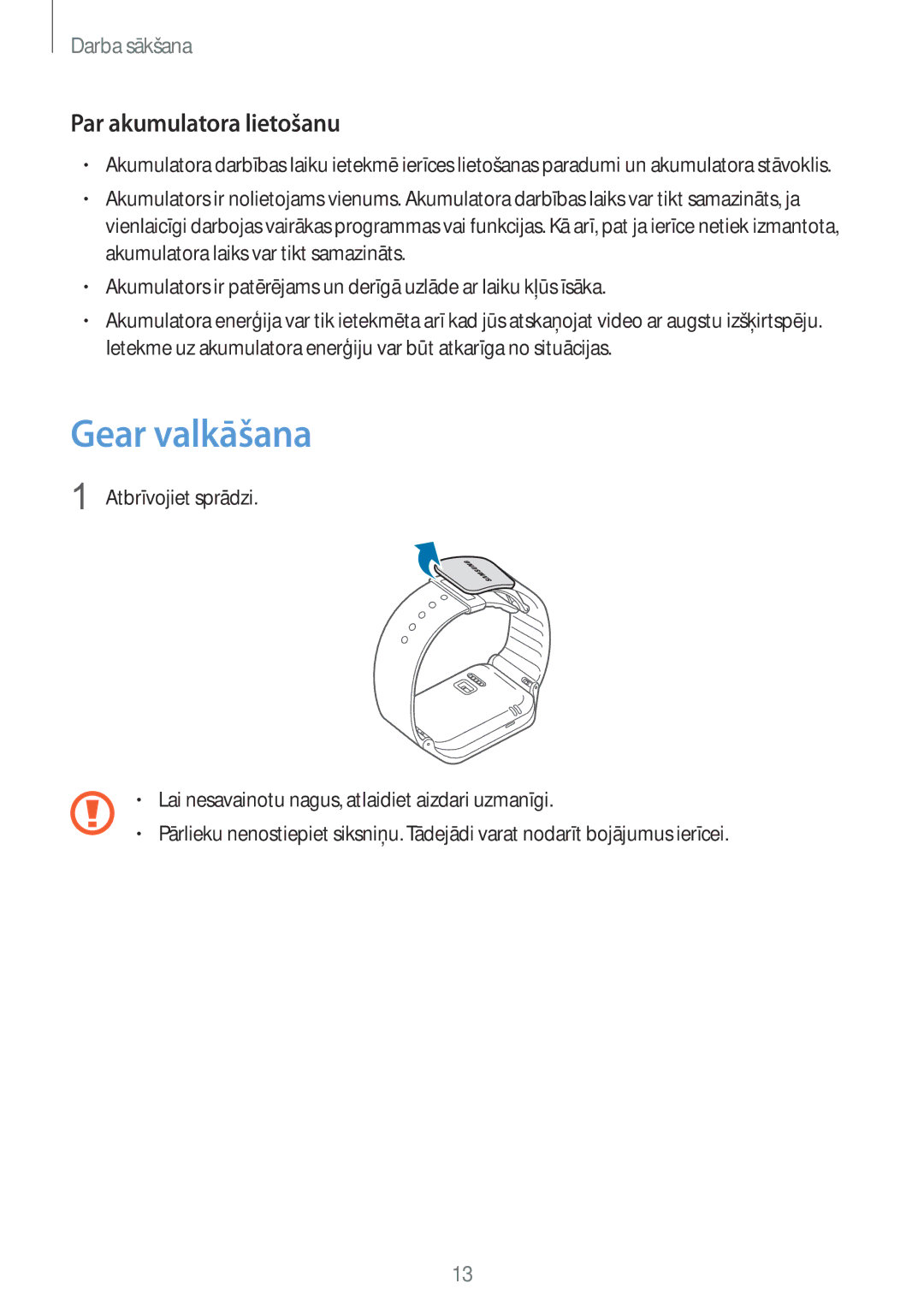 Samsung SM-R3810ZOASEB, SM-R3810ZKASEB, SM-R3810ZAASEB manual Gear valkāšana, Par akumulatora lietošanu 