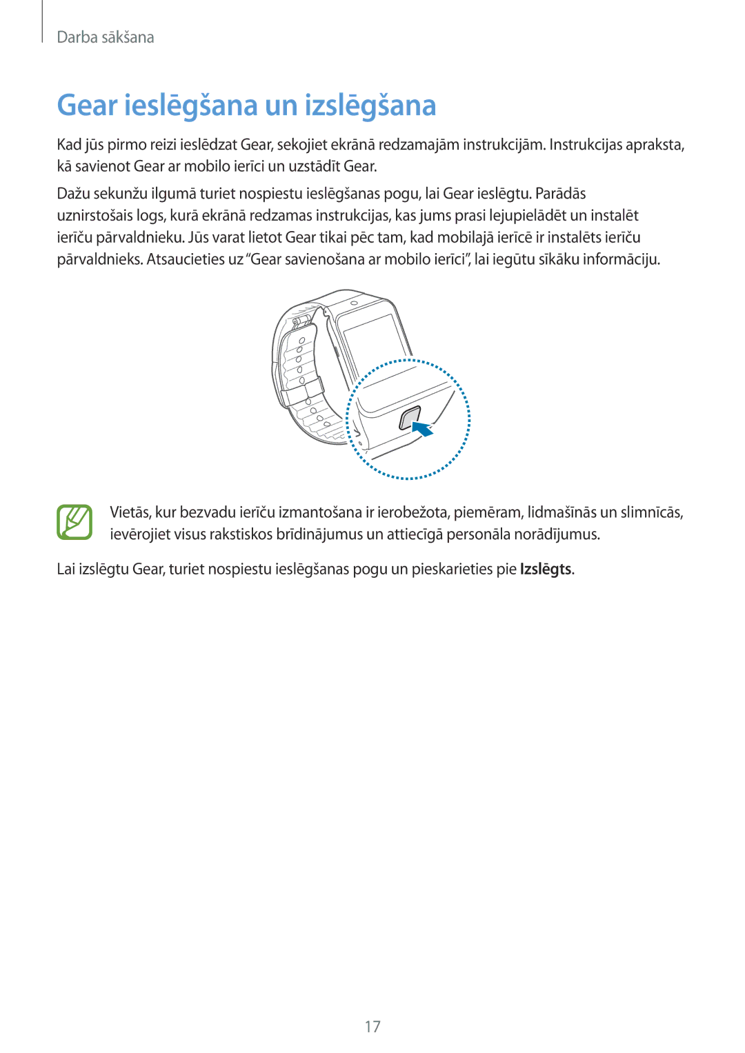 Samsung SM-R3810ZAASEB, SM-R3810ZKASEB, SM-R3810ZOASEB manual Gear ieslēgšana un izslēgšana 