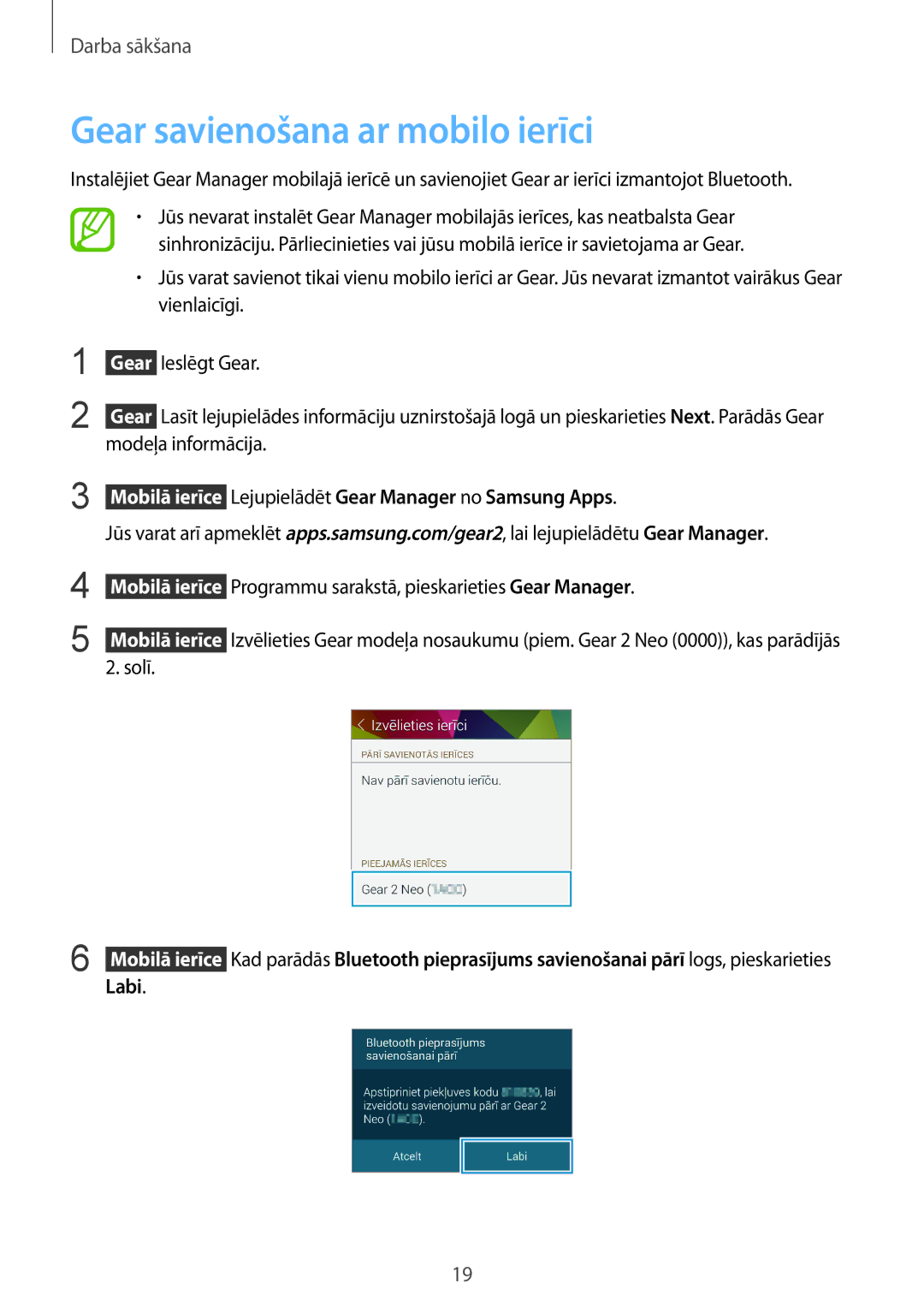 Samsung SM-R3810ZOASEB, SM-R3810ZKASEB manual Gear savienošana ar mobilo ierīci, Lejupielādēt Gear Manager no Samsung Apps 