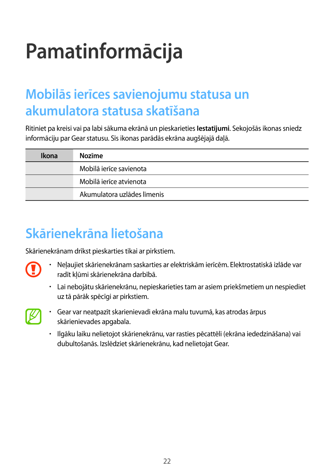 Samsung SM-R3810ZOASEB, SM-R3810ZKASEB, SM-R3810ZAASEB manual Pamatinformācija, Skārienekrāna lietošana, Ikona Nozīme 