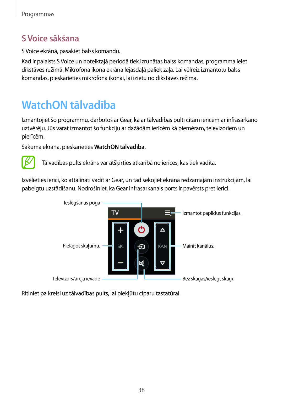 Samsung SM-R3810ZAASEB, SM-R3810ZKASEB, SM-R3810ZOASEB manual WatchON tālvadība, Voice sākšana 