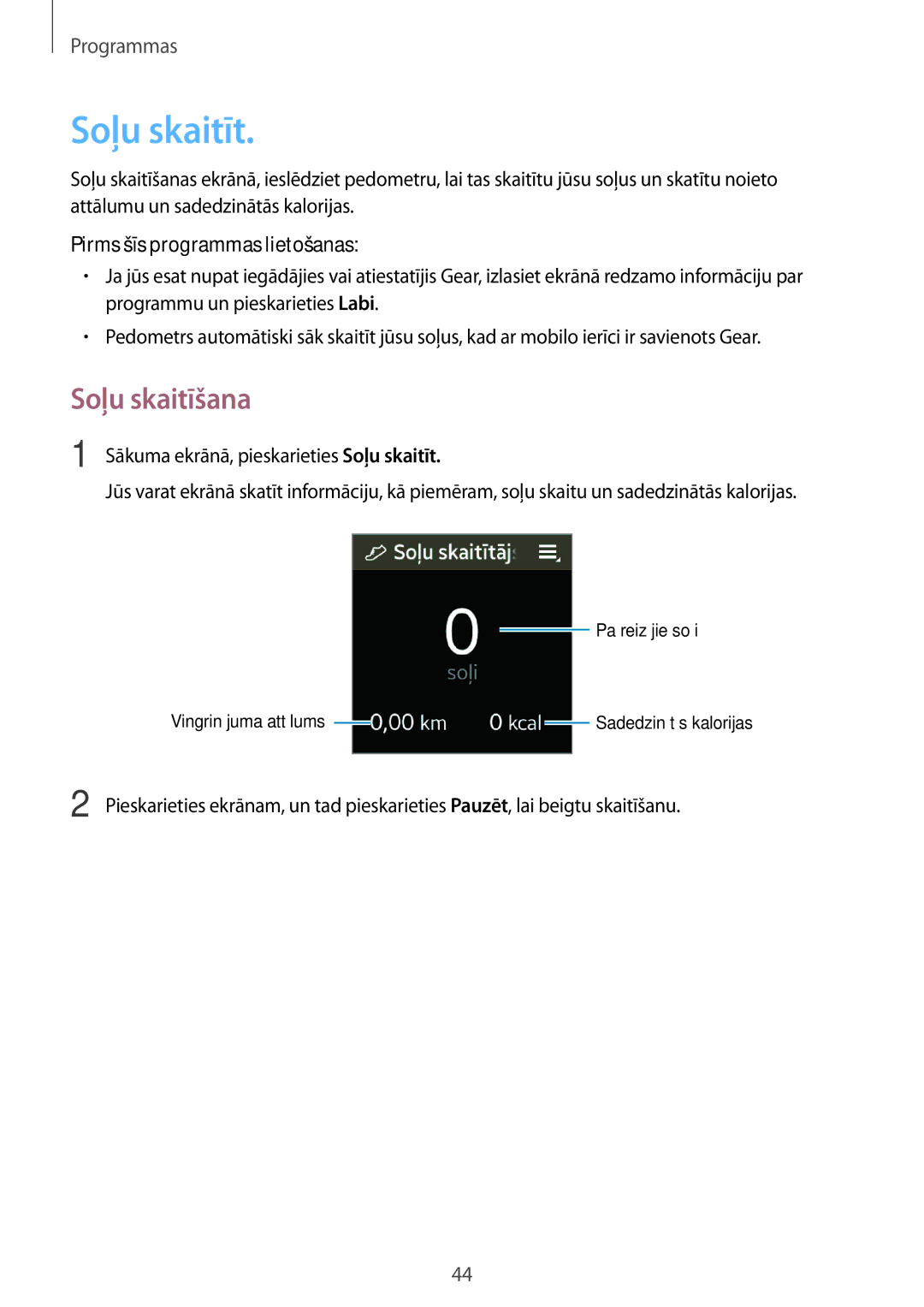 Samsung SM-R3810ZAASEB, SM-R3810ZKASEB, SM-R3810ZOASEB manual Soļu skaitīt, Soļu skaitīšana, Pirms šīs programmas lietošanas 