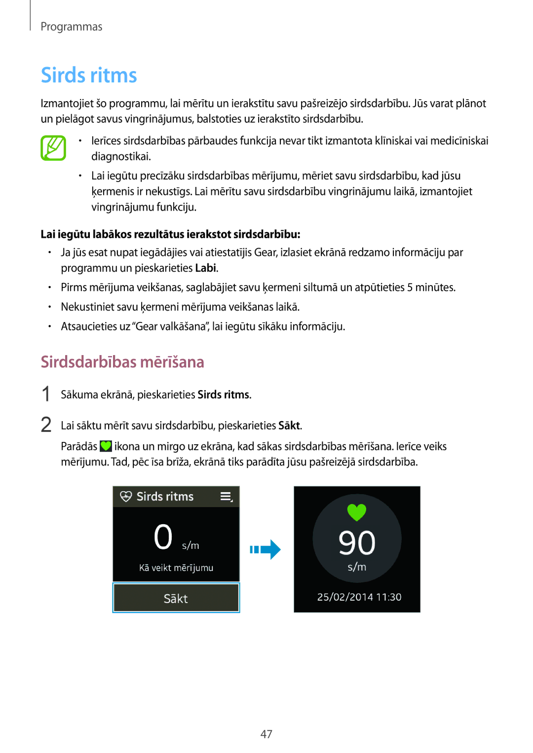 Samsung SM-R3810ZAASEB manual Sirds ritms, Sirdsdarbības mērīšana, Lai iegūtu labākos rezultātus ierakstot sirdsdarbību 